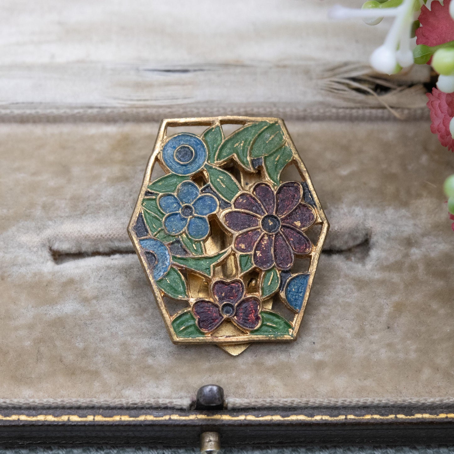 Vintage Art Deco Enamel Flowers Single Dress Clip c. 1930s