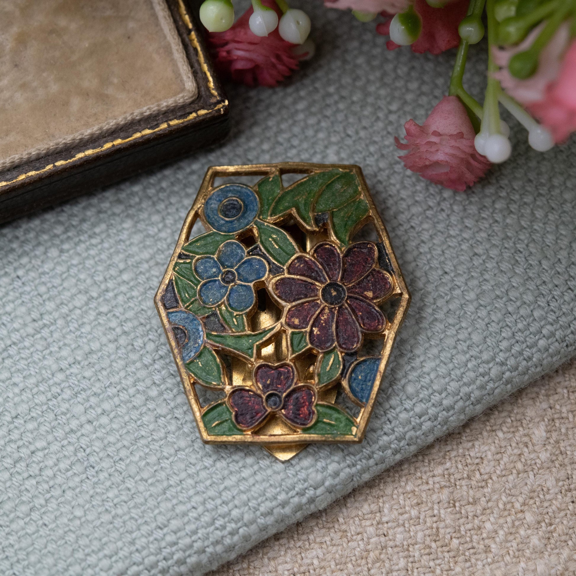 Vintage Art Deco Enamel Flowers Single Dress Clip c. 1930s