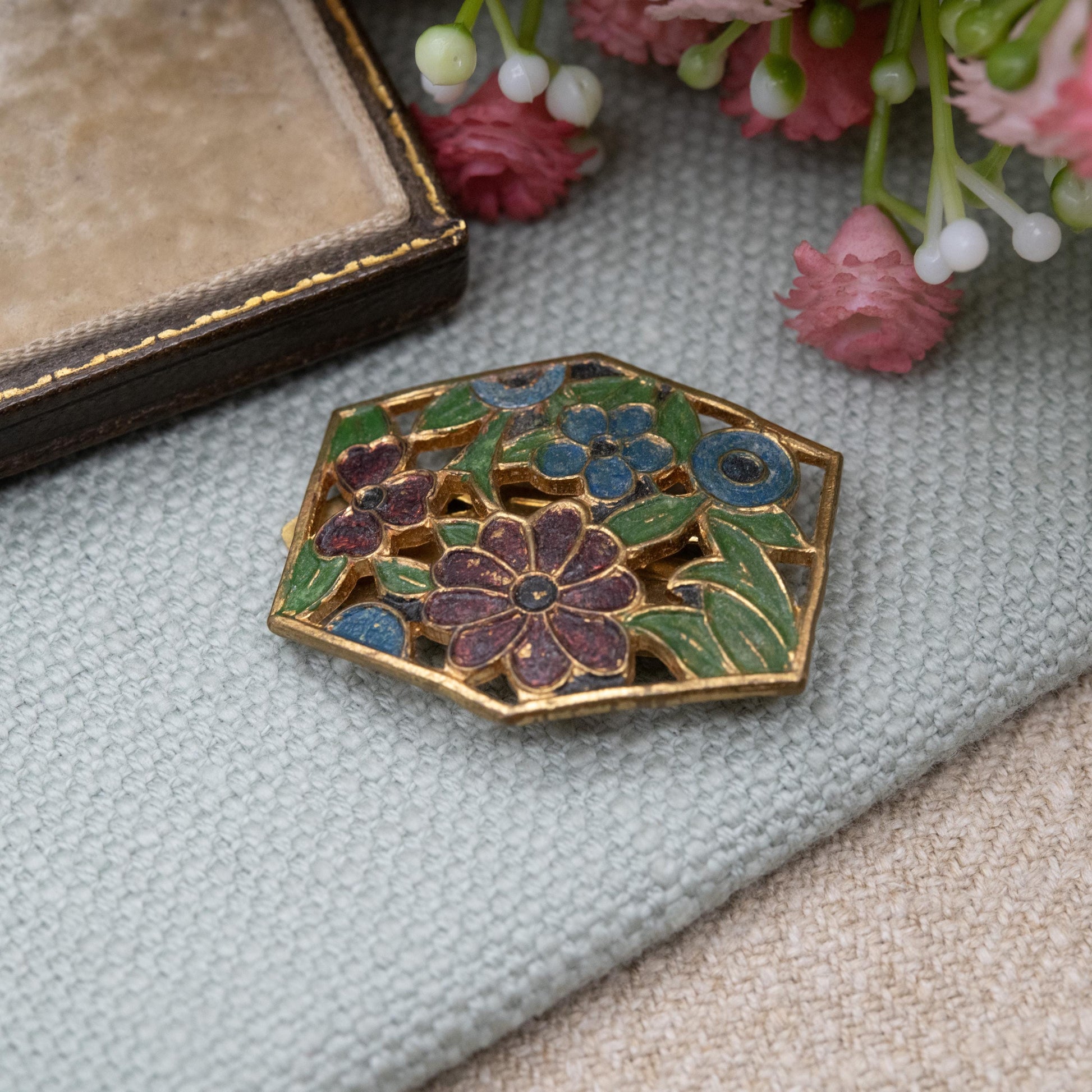 Vintage Art Deco Enamel Flowers Single Dress Clip c. 1930s