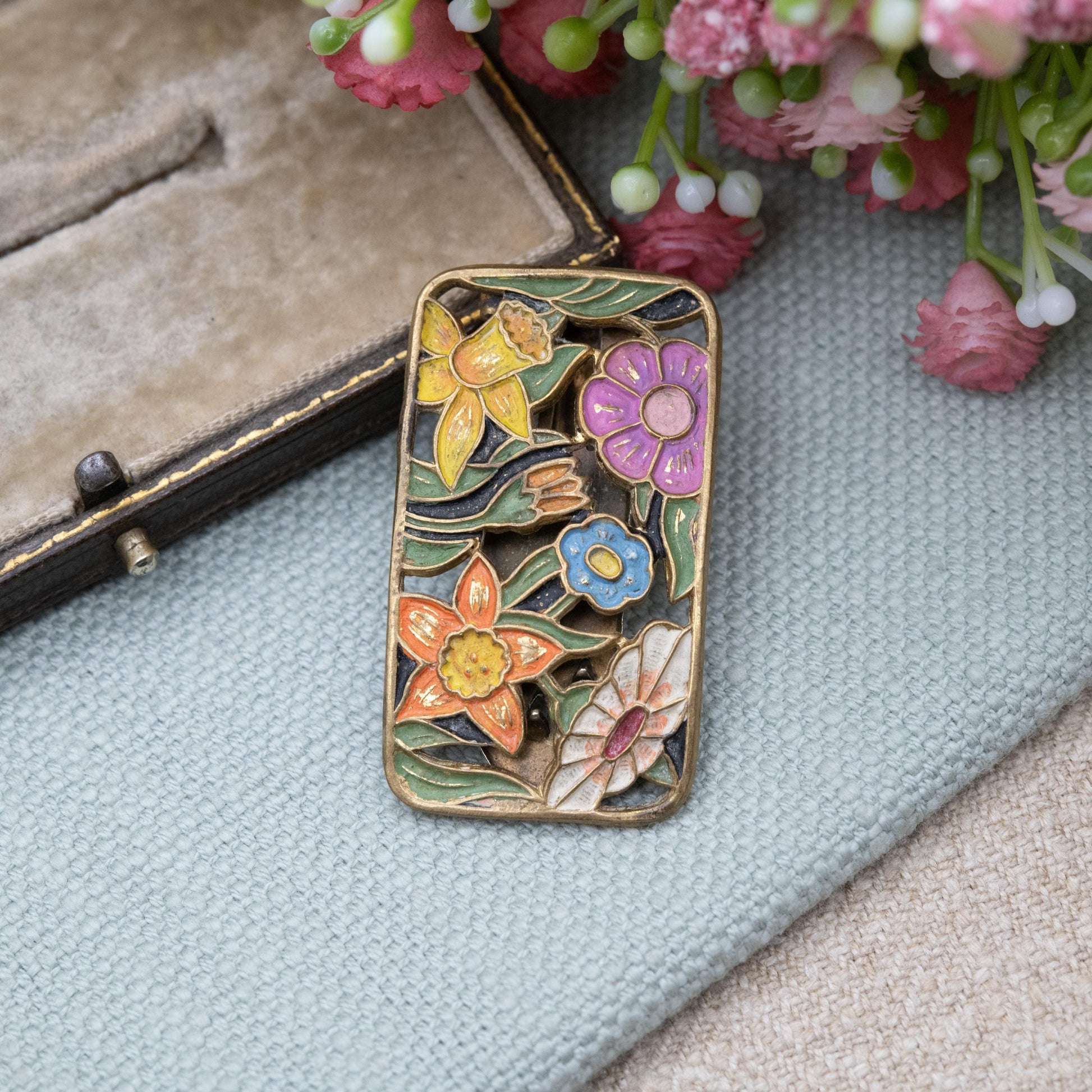 Vintage Art Deco Enamel Flowers Single Dress Clip c. 1930s