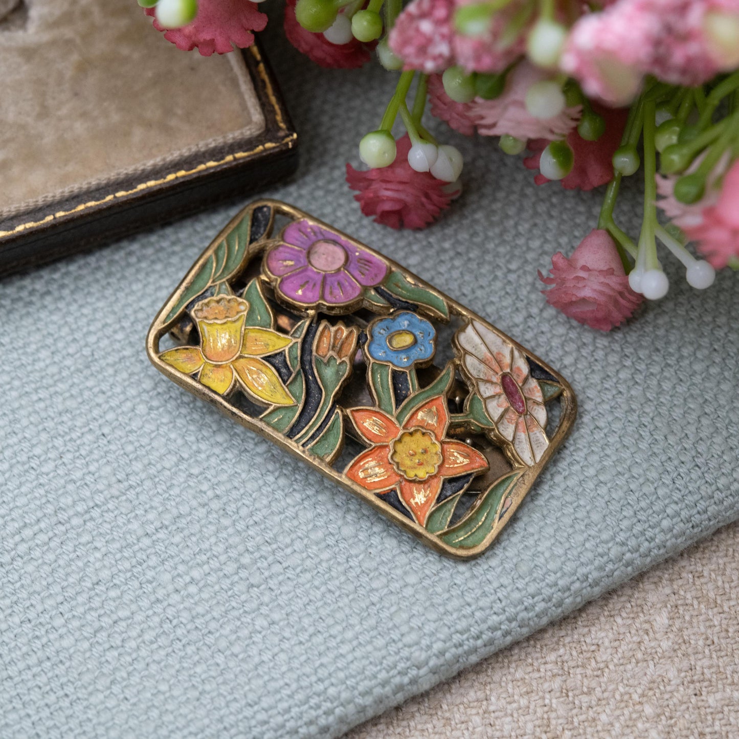 Vintage Art Deco Enamel Flowers Single Dress Clip c. 1930s