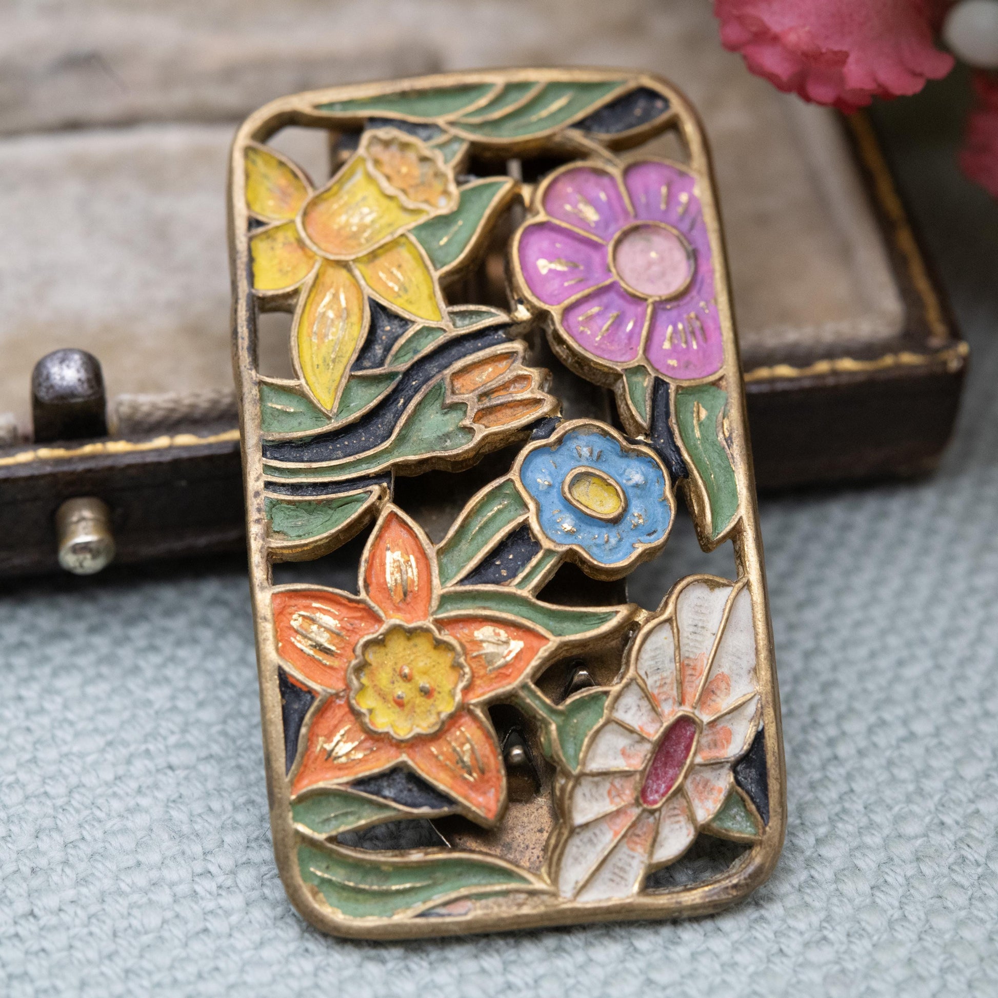 Vintage Art Deco Enamel Flowers Single Dress Clip c. 1930s
