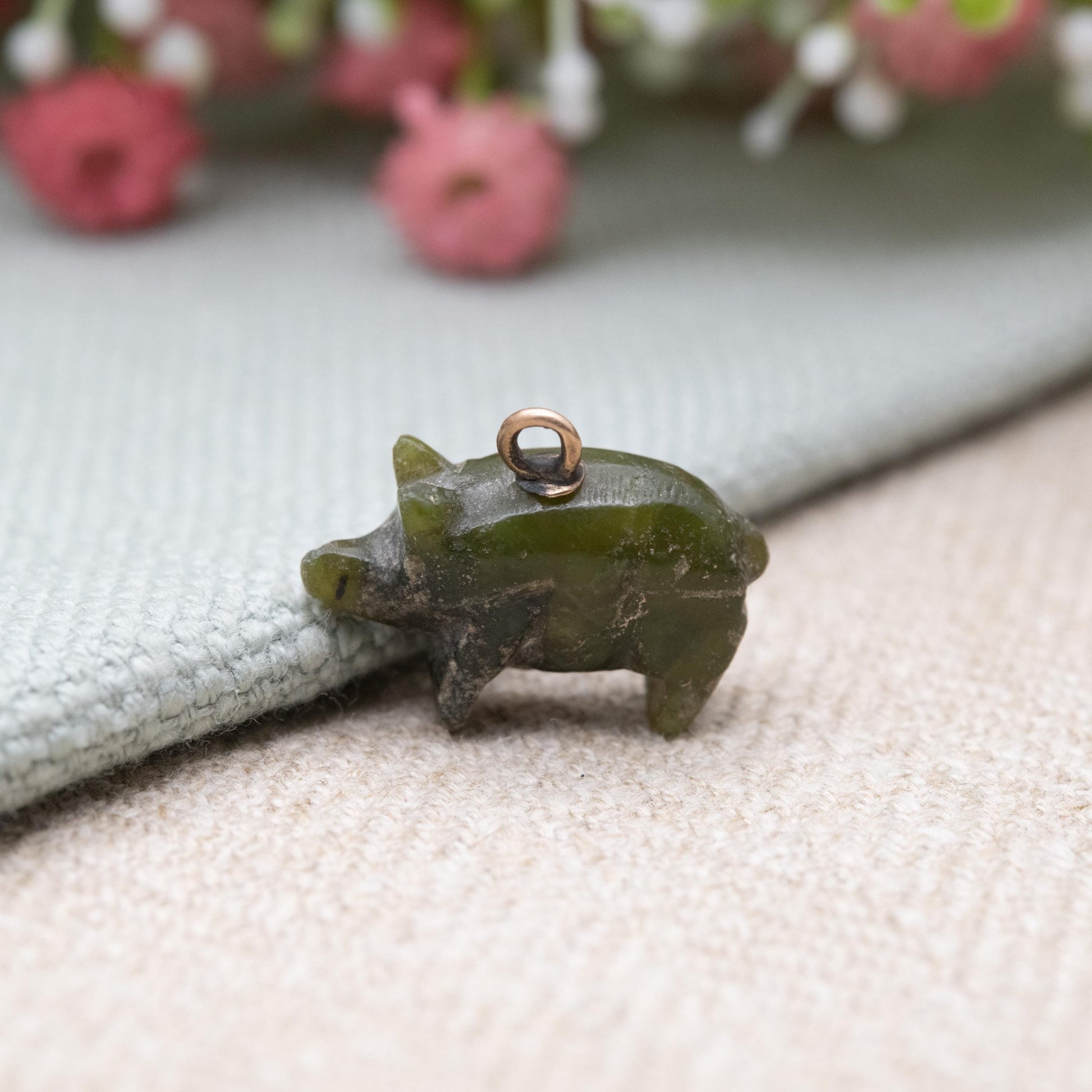 Antique Victorian Carved Connemara Marble Pig Pendant with Gold Bale