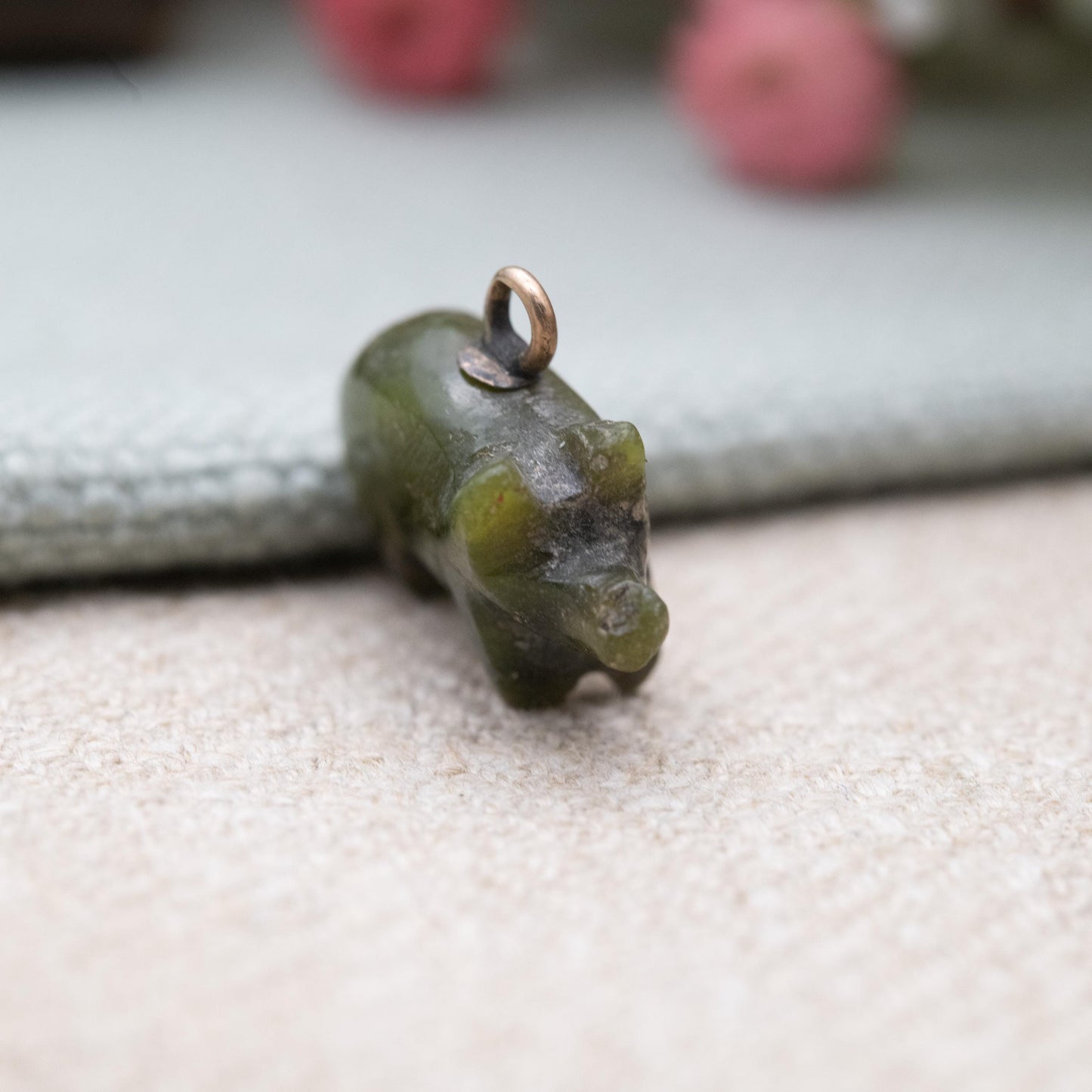 Antique Victorian Carved Connemara Marble Pig Pendant with Gold Bale