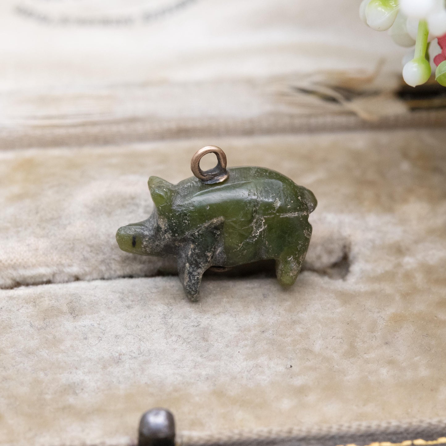 Antique Victorian Carved Connemara Marble Pig Pendant with Gold Bale