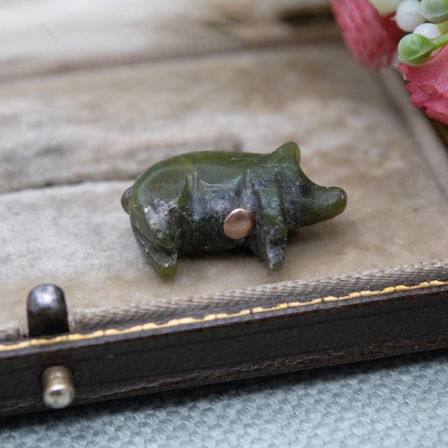 Antique Victorian Carved Connemara Marble Pig Pendant with Gold Bale