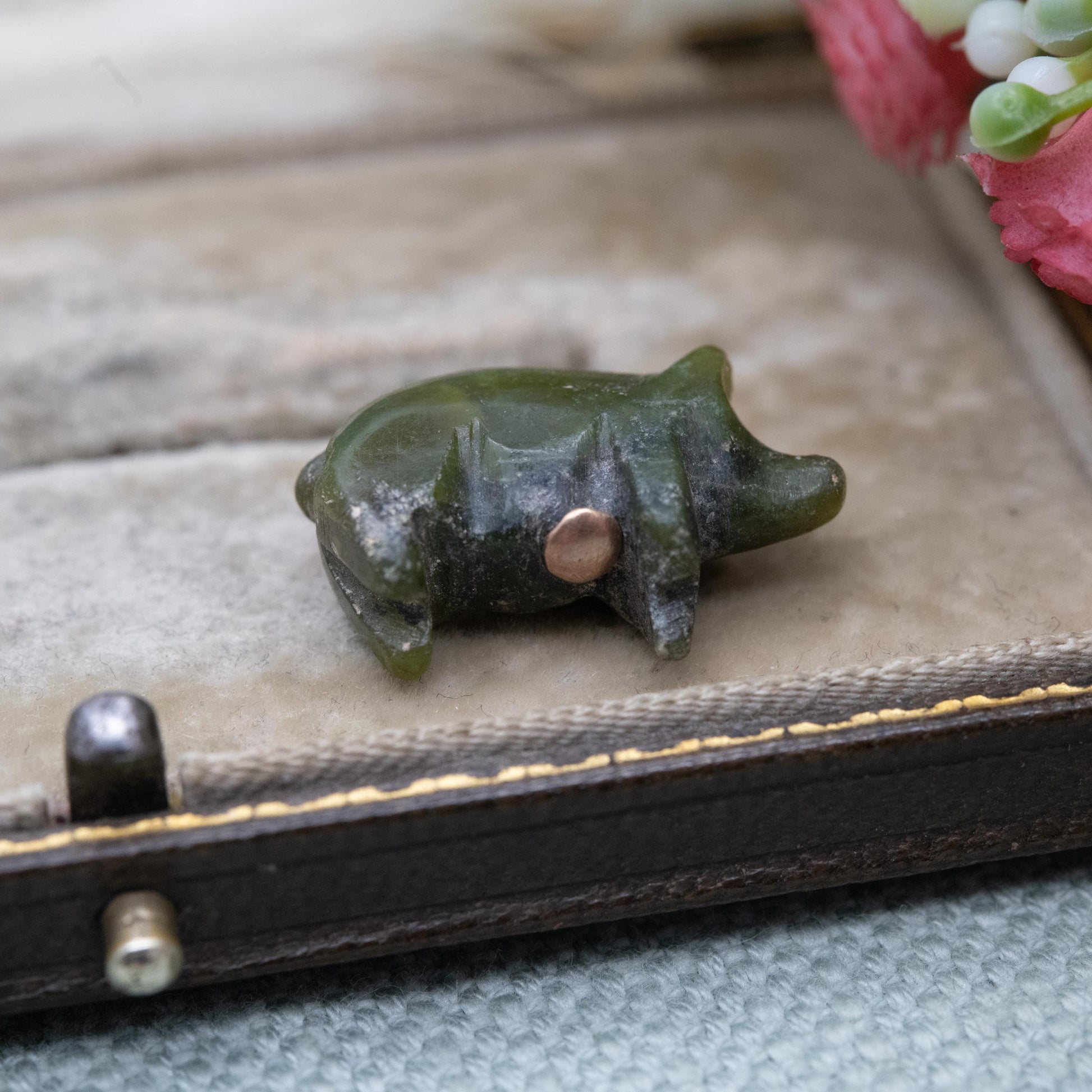 Antique Victorian Carved Connemara Marble Pig Pendant with Gold Bale