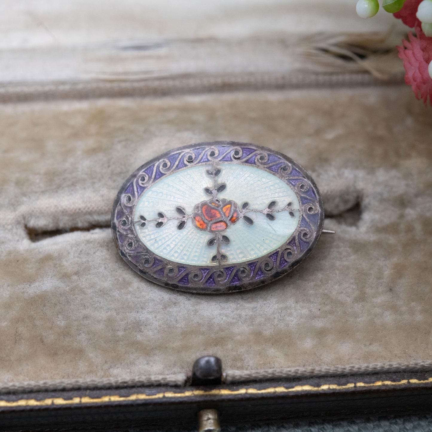 Antique Guilloche Enamel Rose Brooch with Purple and Red Design c. 1900s Edwardian