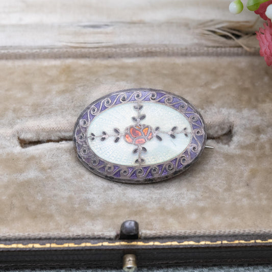 Antique Guilloche Enamel Rose Brooch with Purple and Red Design c. 1900s Edwardian