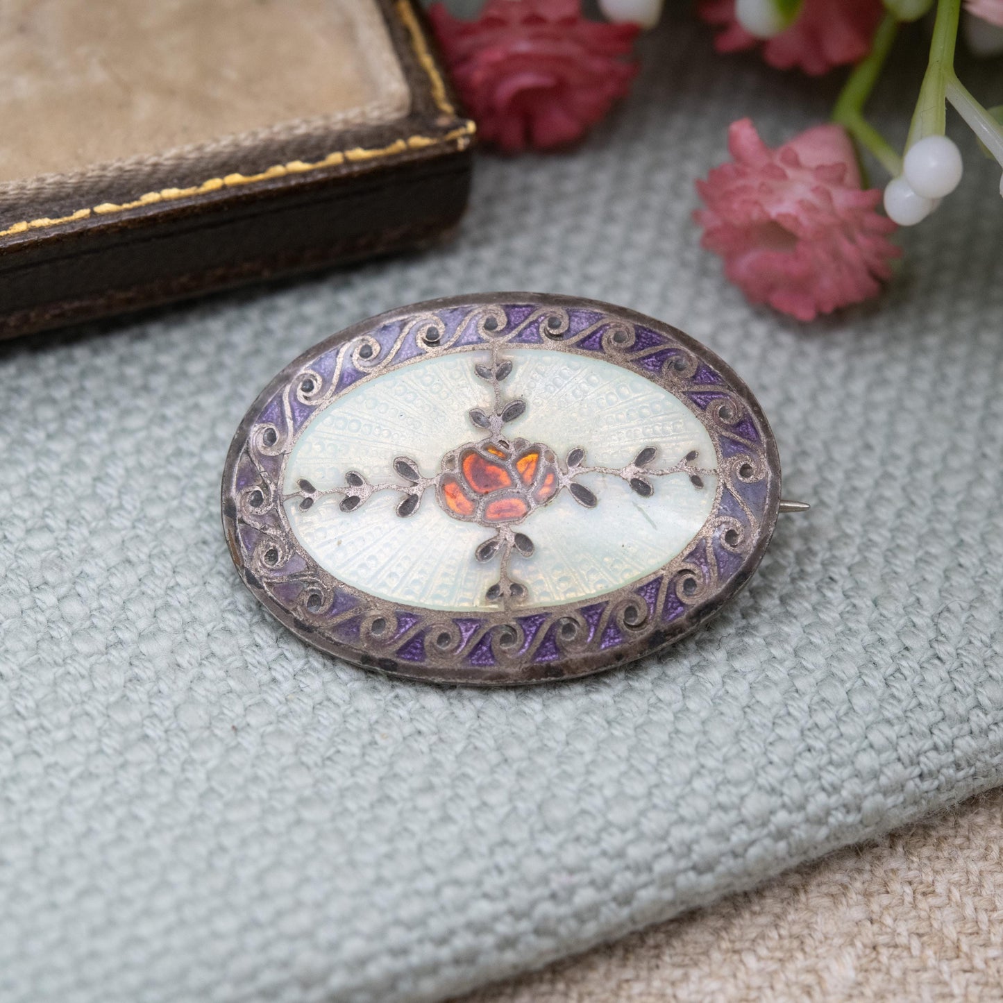 Antique Guilloche Enamel Rose Brooch with Purple and Red Design c. 1900s Edwardian