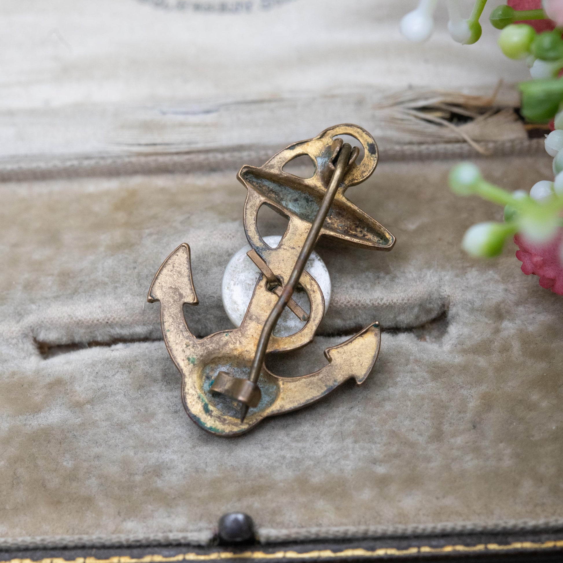 Antique Victorian Three Leaf Clover Anchor Brooch with Mother of Pearl c. 1890s