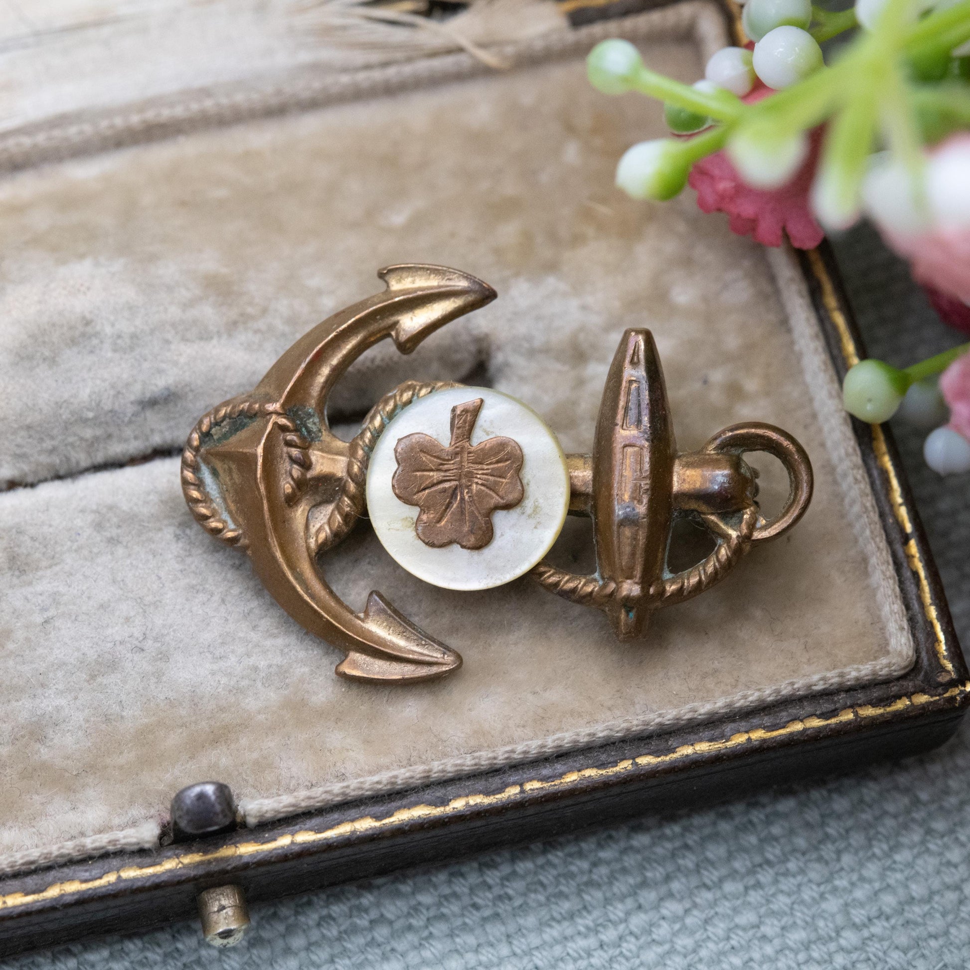 Antique Victorian Three Leaf Clover Anchor Brooch with Mother of Pearl c. 1890s