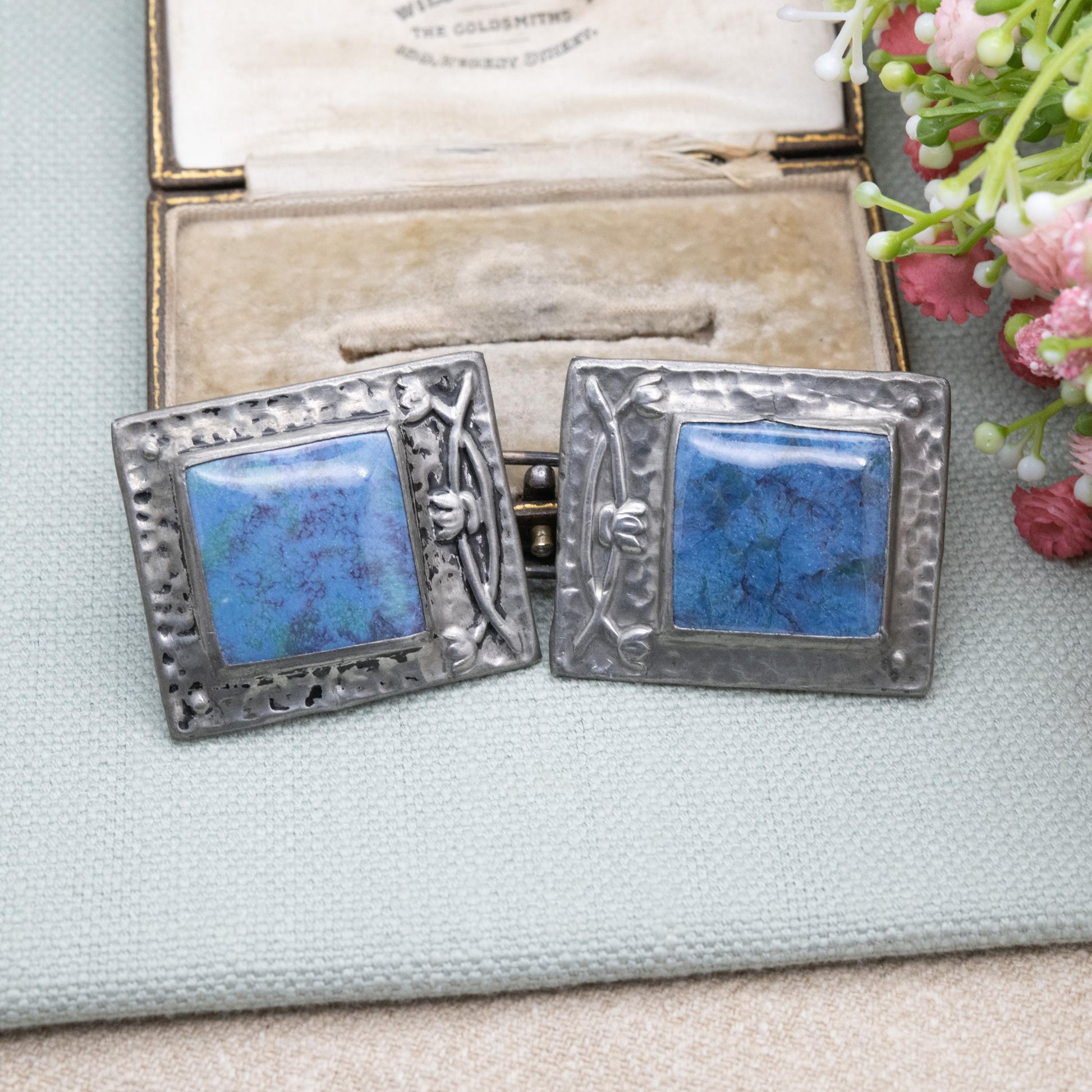 Antique Arts and Crafts Pewter Belt Buckle with Blue Ruskin Enamel and Flower Pattern c. 1900s