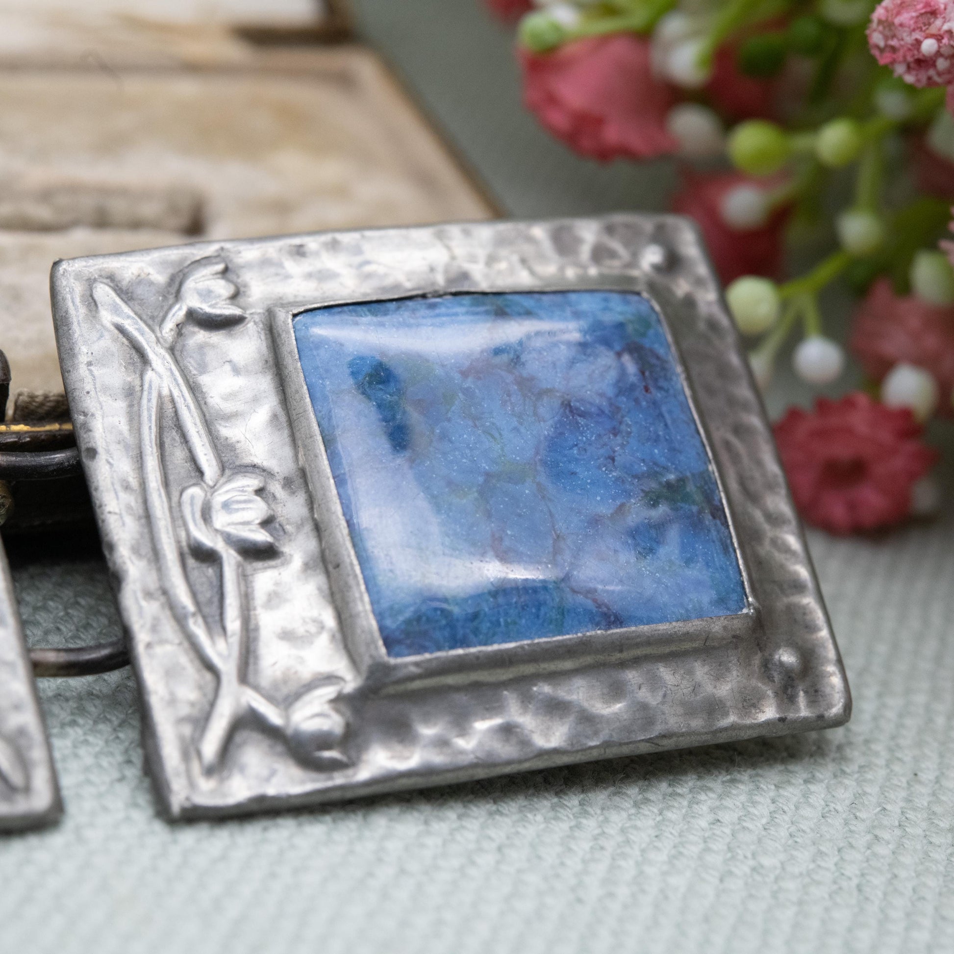 Antique Arts and Crafts Pewter Belt Buckle with Blue Ruskin Enamel and Flower Pattern c. 1900s