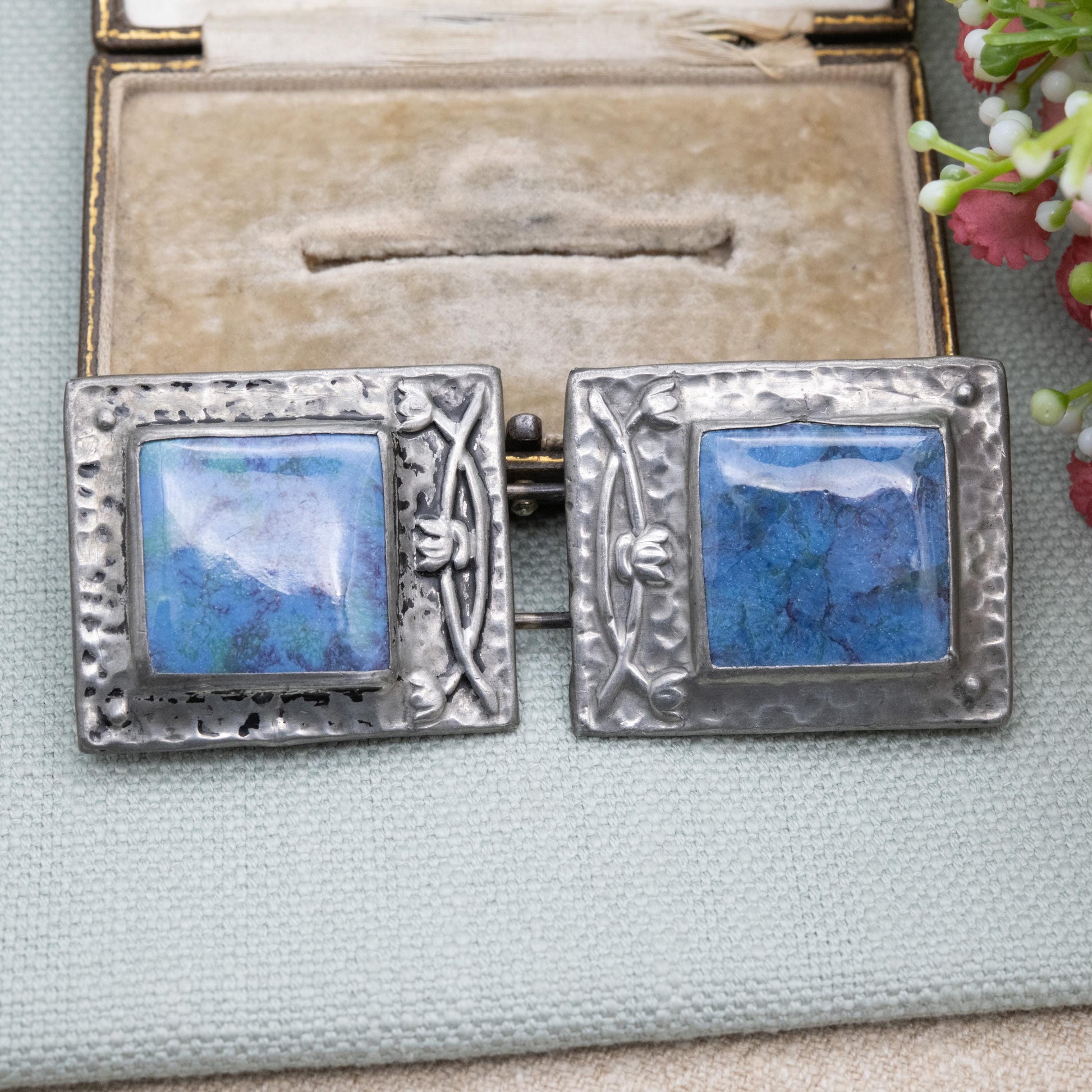 Antique Arts and Crafts Pewter Belt Buckle with Blue Ruskin Enamel and Flower Pattern c. 1900s
