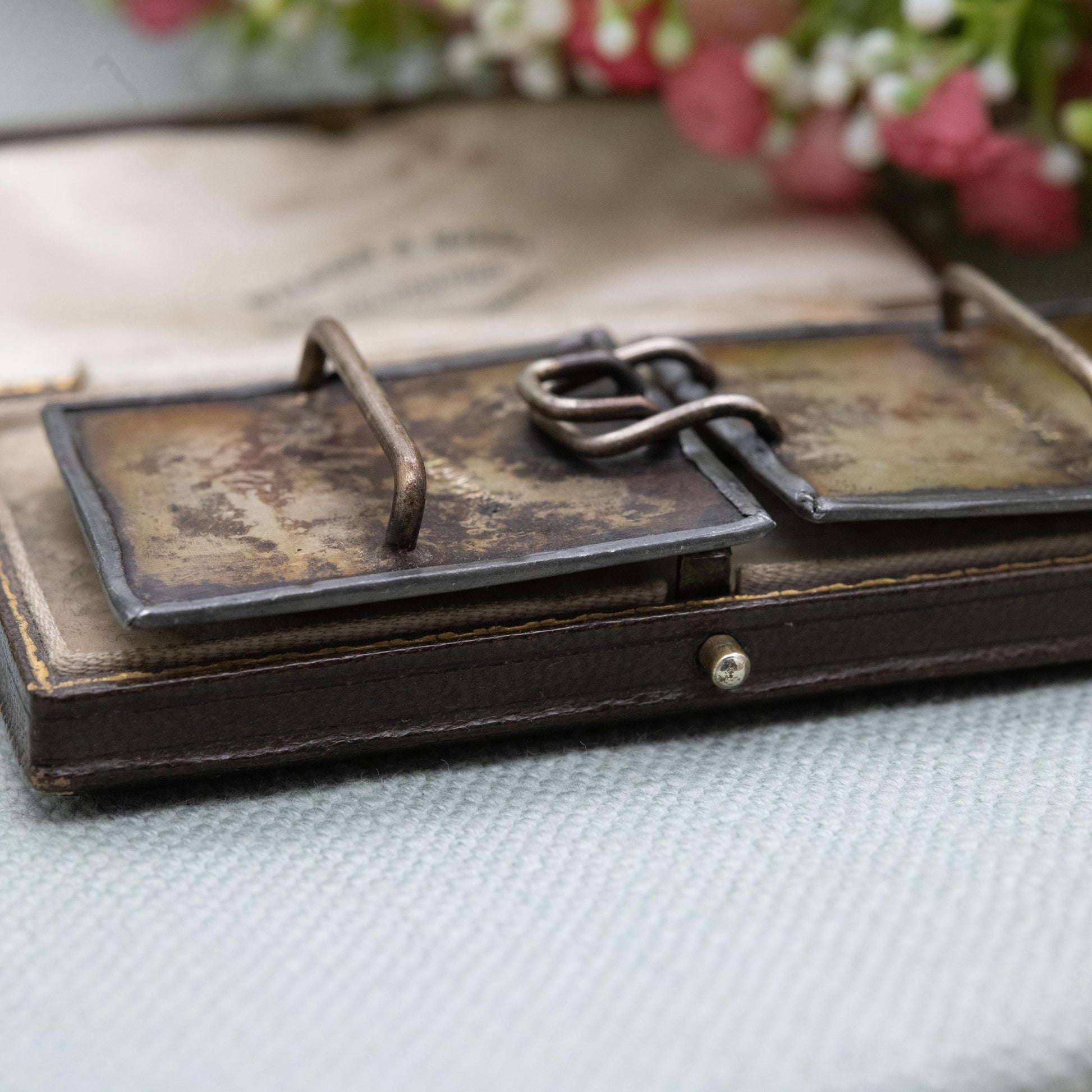 Antique Arts and Crafts Pewter Belt Buckle with Blue Ruskin Enamel and Flower Pattern c. 1900s