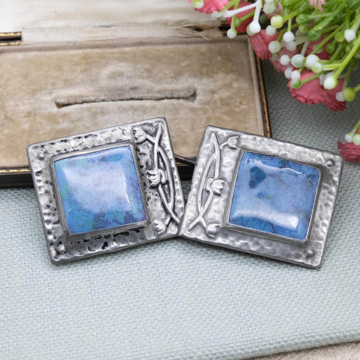 Antique Arts and Crafts Pewter Belt Buckle with Blue Ruskin Enamel and Flower Pattern c. 1900s