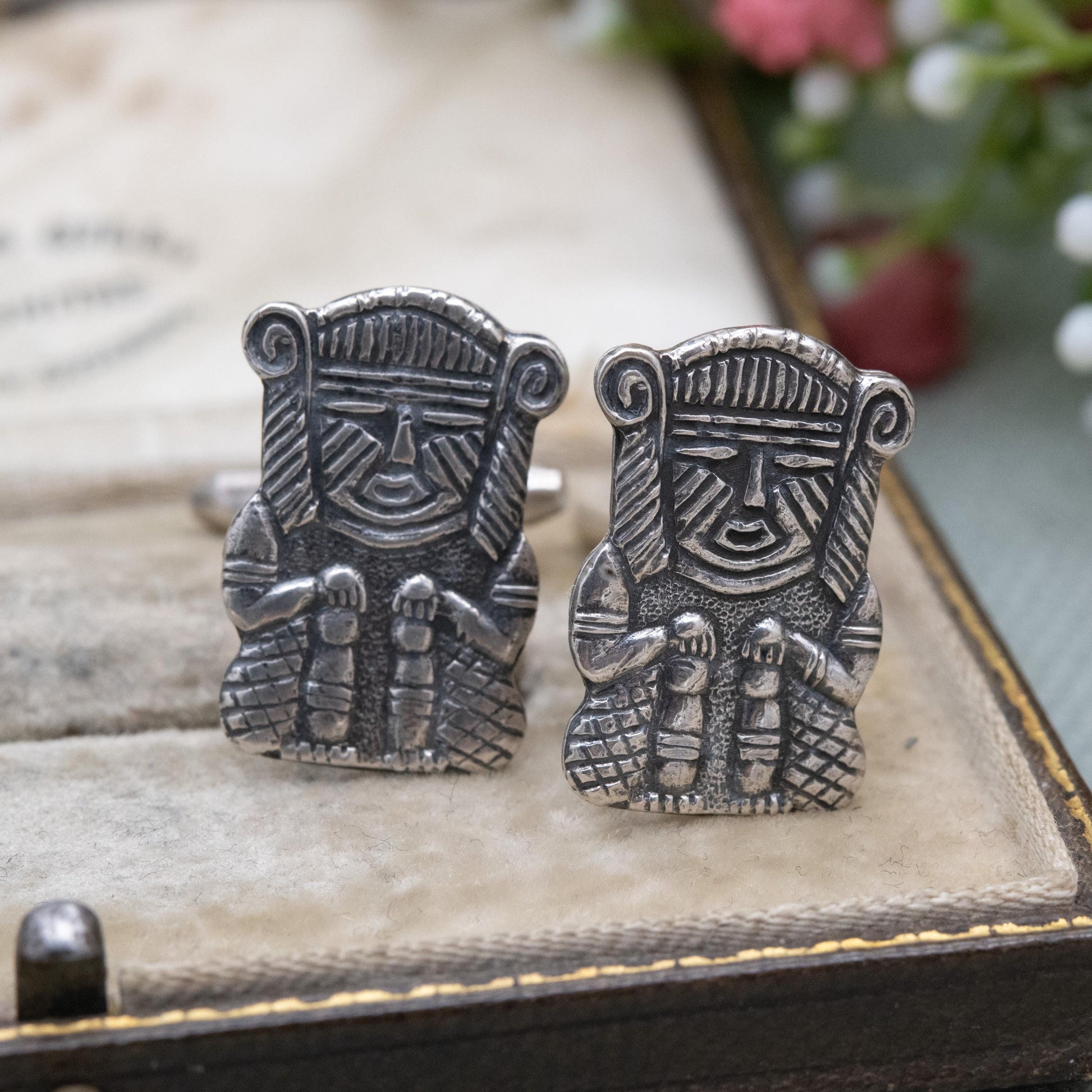 Vintage Silver Peruvian Figure Bullet Back Cufflinks - Textured Deity Character | Gift for Him