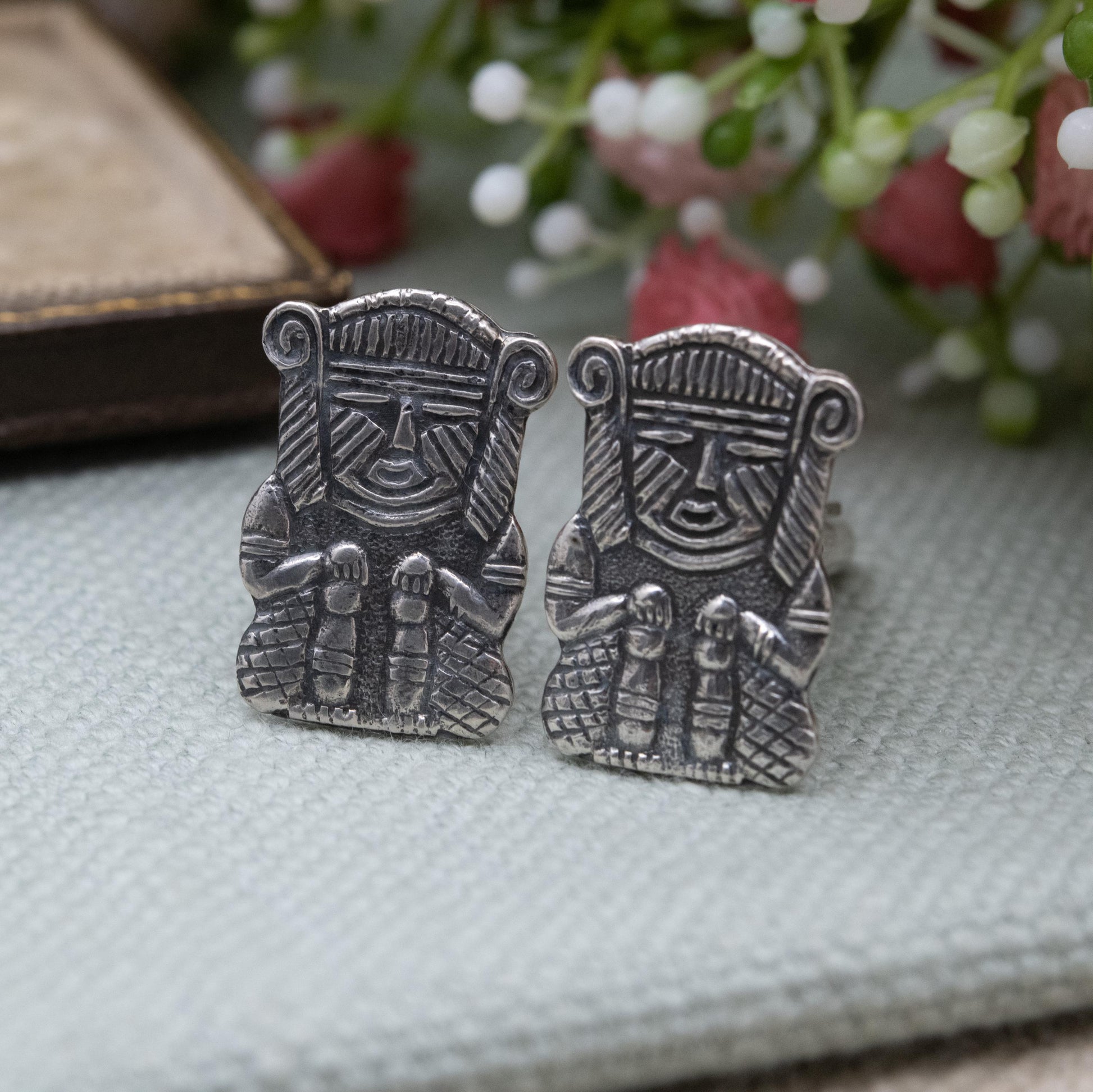 Vintage Silver Peruvian Figure Bullet Back Cufflinks - Textured Deity Character | Gift for Him