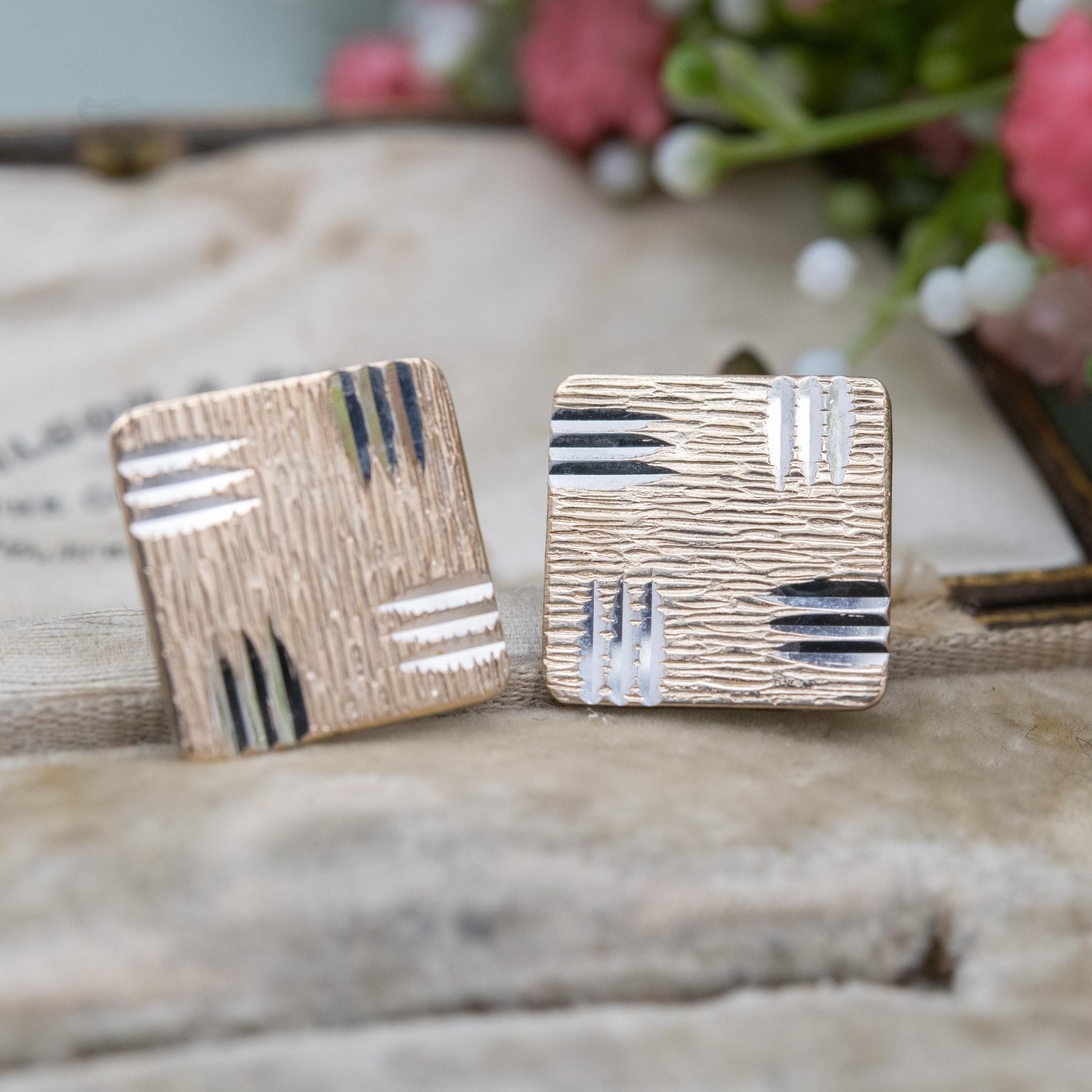 Vintage 9ct Gold on Silver Cufflinks 1975 with Bullet Backs - Diamond Cut Bark Effect Pattern Design | Gift for Him