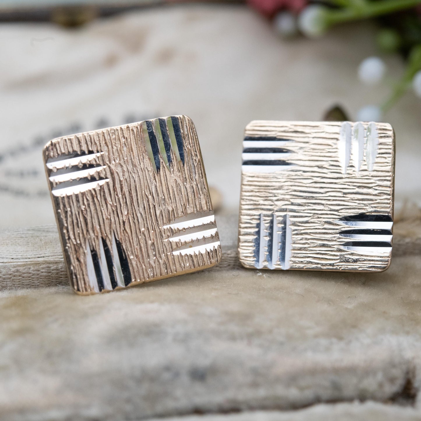 Vintage 9ct Gold on Silver Cufflinks 1975 with Bullet Backs - Diamond Cut Bark Effect Pattern Design | Gift for Him