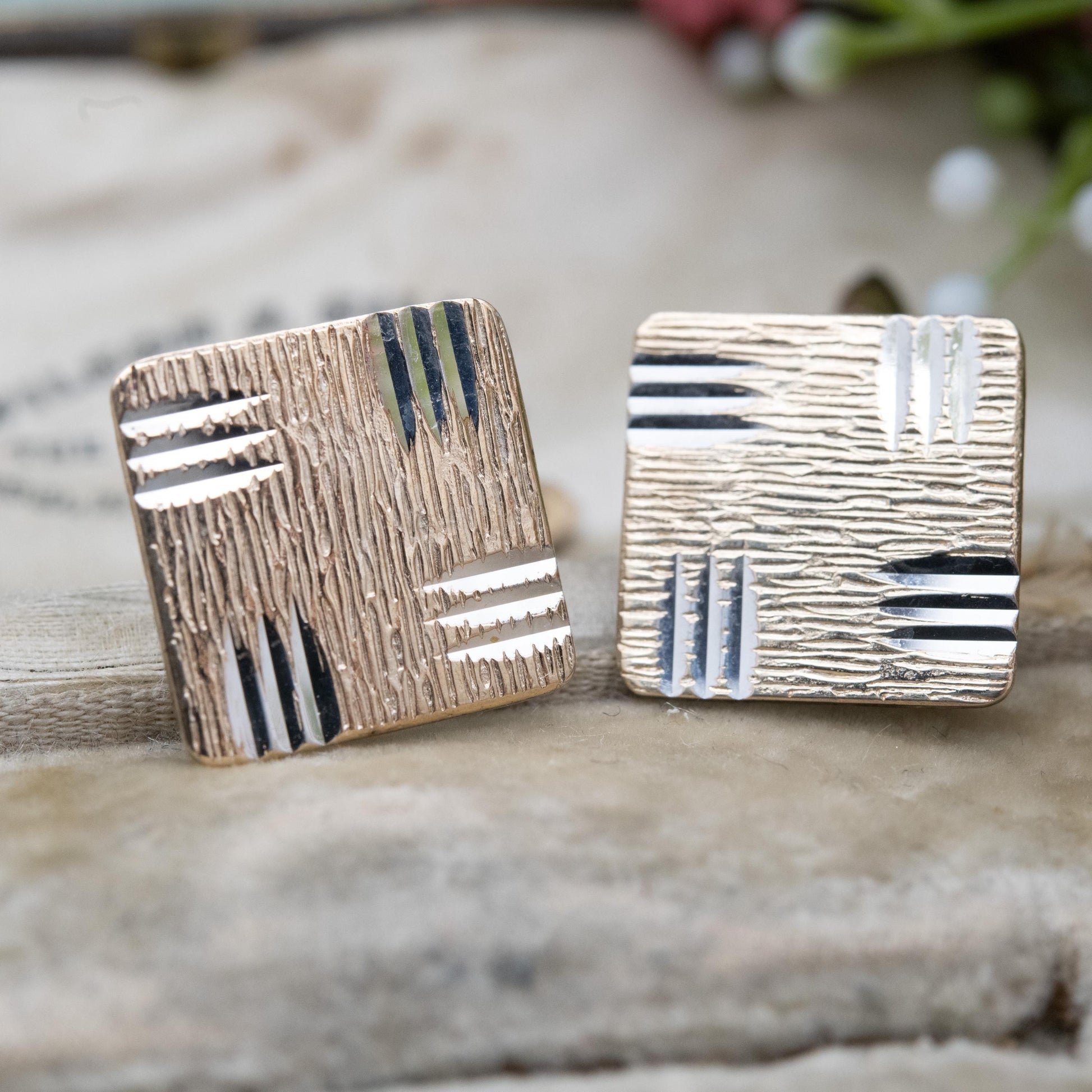 Vintage 9ct Gold on Silver Cufflinks 1975 with Bullet Backs - Diamond Cut Bark Effect Pattern Design | Gift for Him