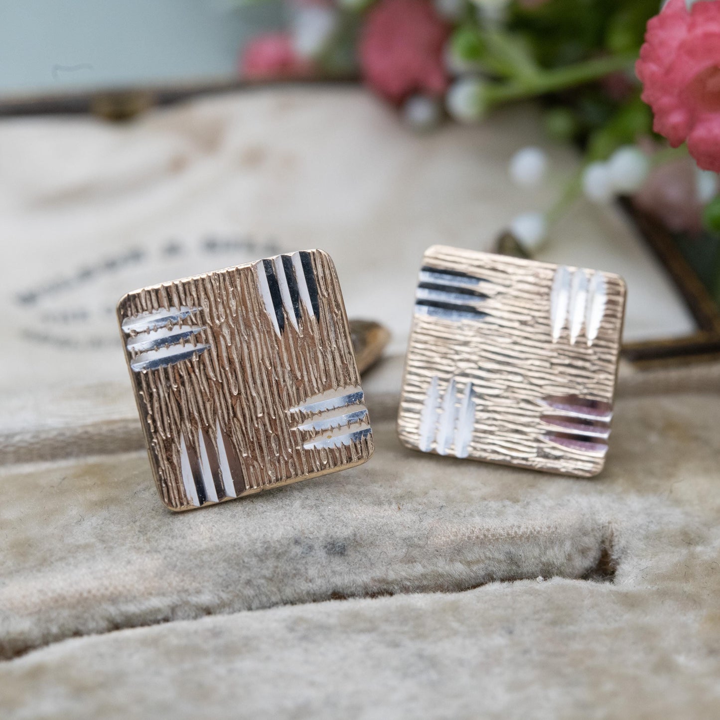 Vintage 9ct Gold on Silver Cufflinks 1975 with Bullet Backs - Diamond Cut Bark Effect Pattern Design | Gift for Him