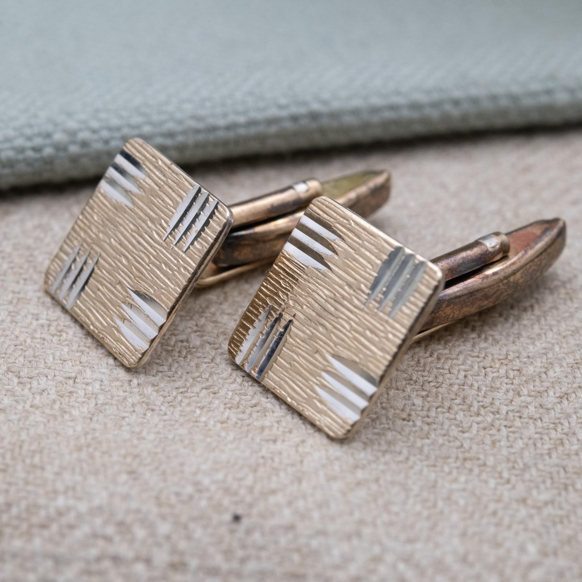 Vintage 9ct Gold on Silver Cufflinks 1975 with Bullet Backs - Diamond Cut Bark Effect Pattern Design | Gift for Him