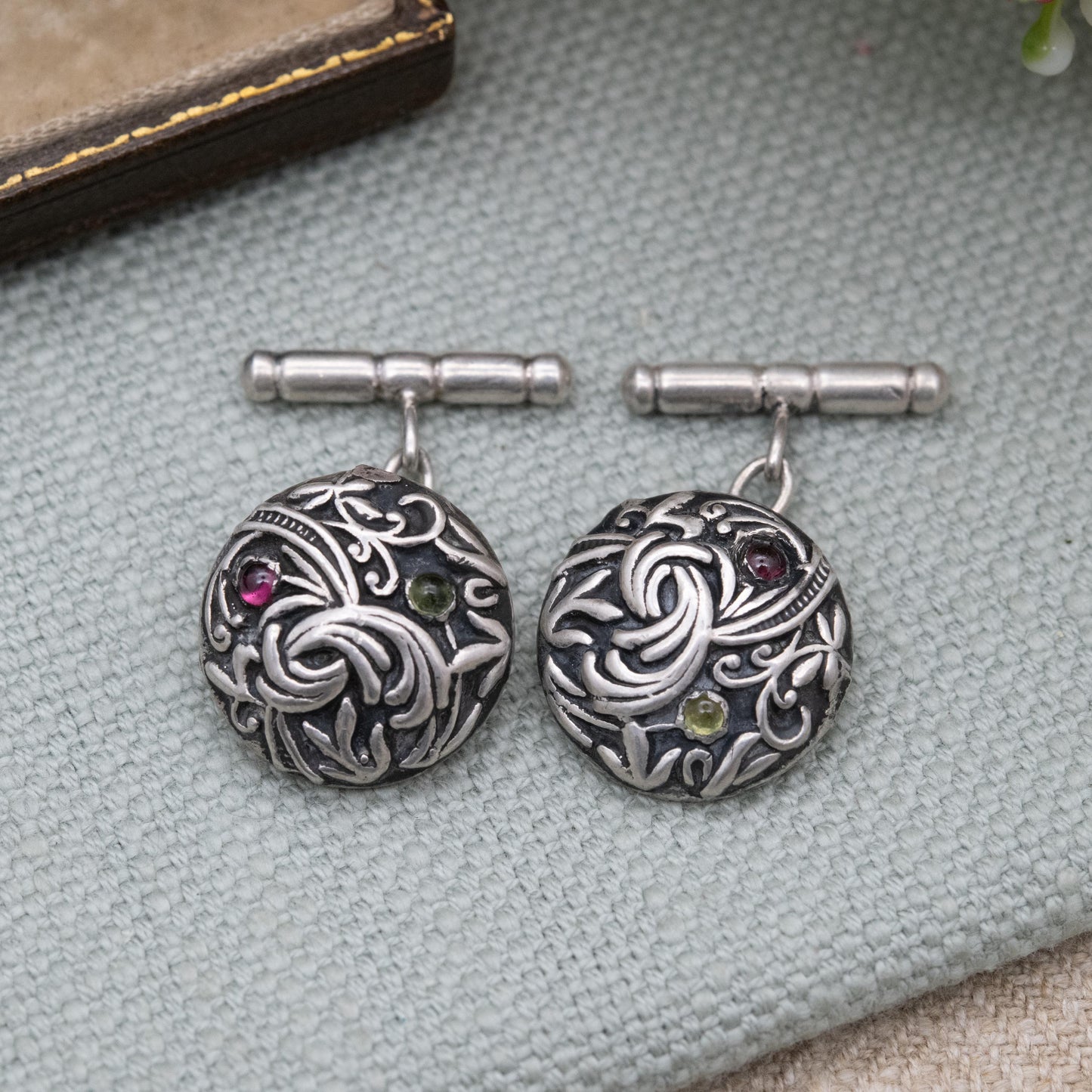 Vintage Sterling Silver Garnet and Peridot Textured Scrolling Cufflinks - Modernist Design | Gift for Him