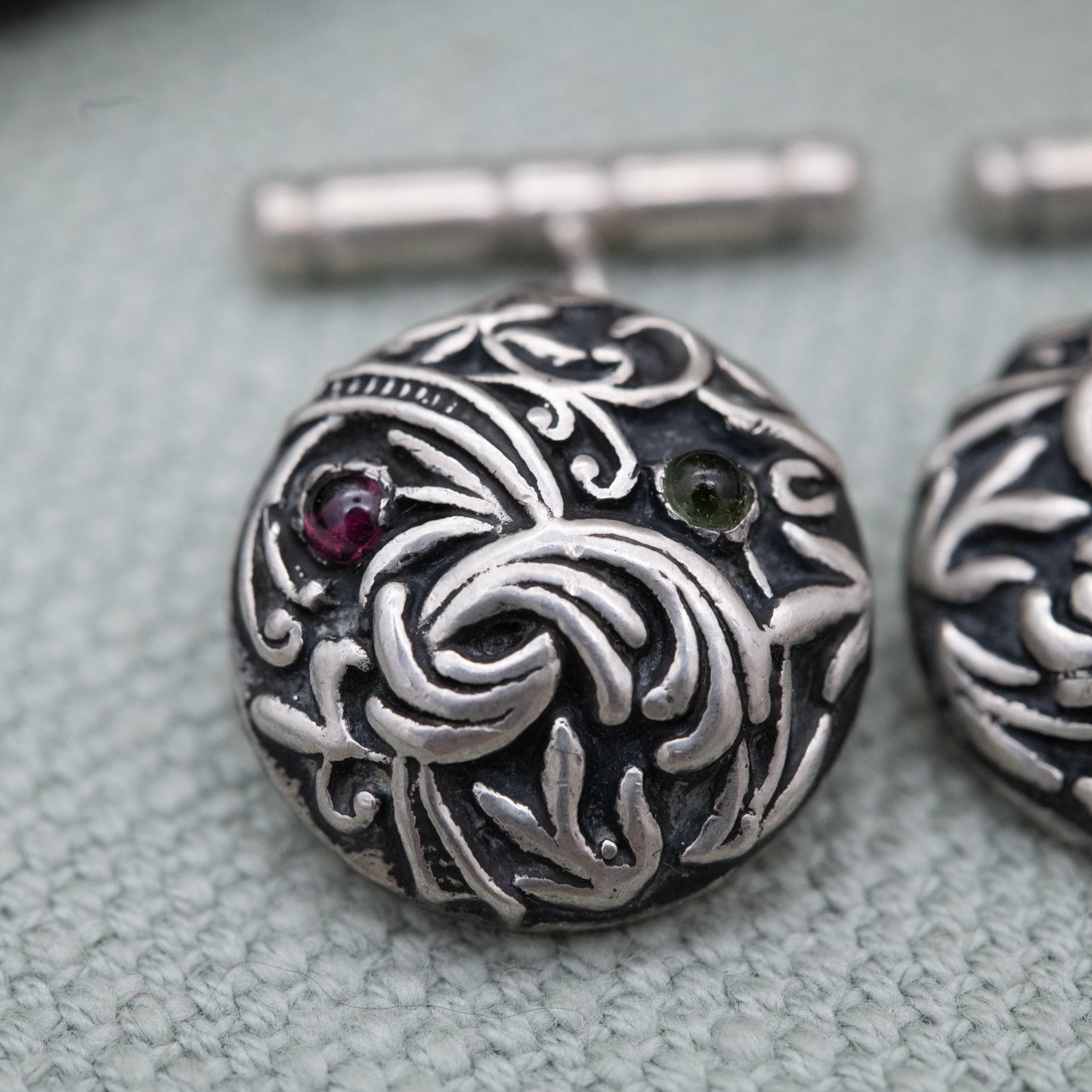 Vintage Sterling Silver Garnet and Peridot Textured Scrolling Cufflinks - Modernist Design | Gift for Him