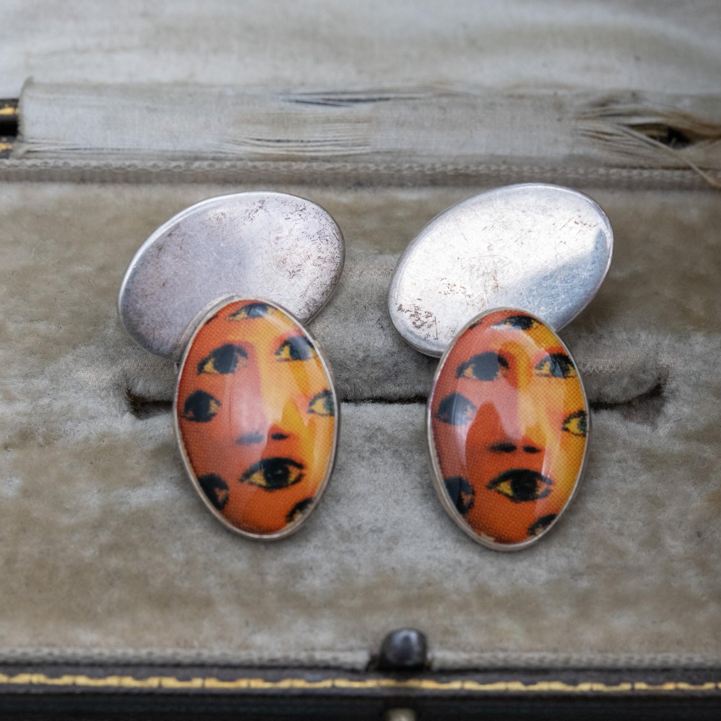 Vintage Sterling Silver Surreal Eyes Chain Link Cufflinks 1997 - Unusual Accessory Gift for Him