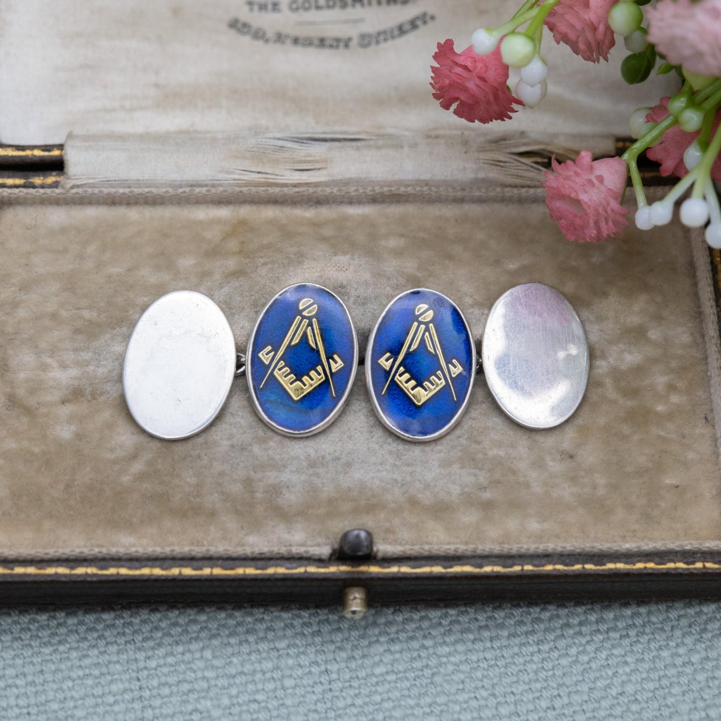 Vintage Sterling Silver Masonic Chain Link Cufflinks - Blue Enamel Square and Compasses Design | Gift for Him