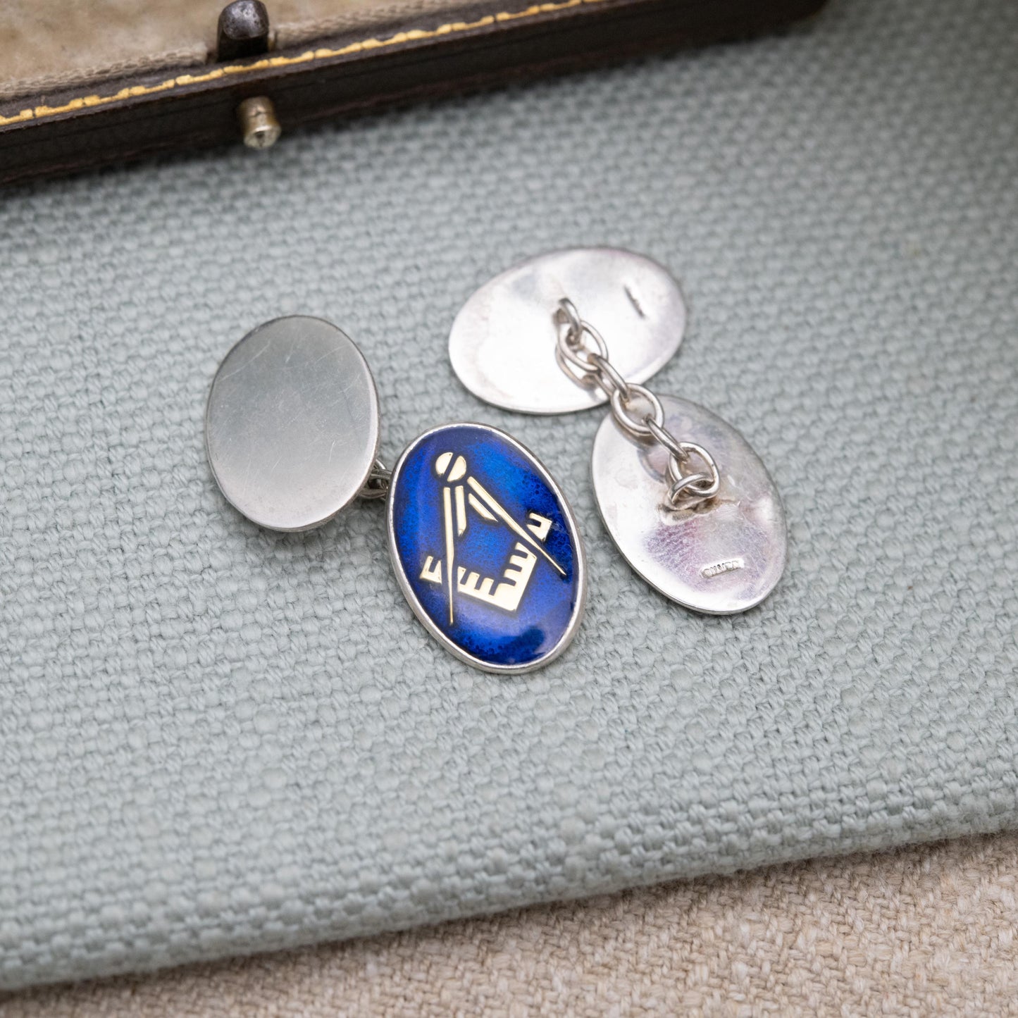 Vintage Sterling Silver Masonic Chain Link Cufflinks - Blue Enamel Square and Compasses Design | Gift for Him
