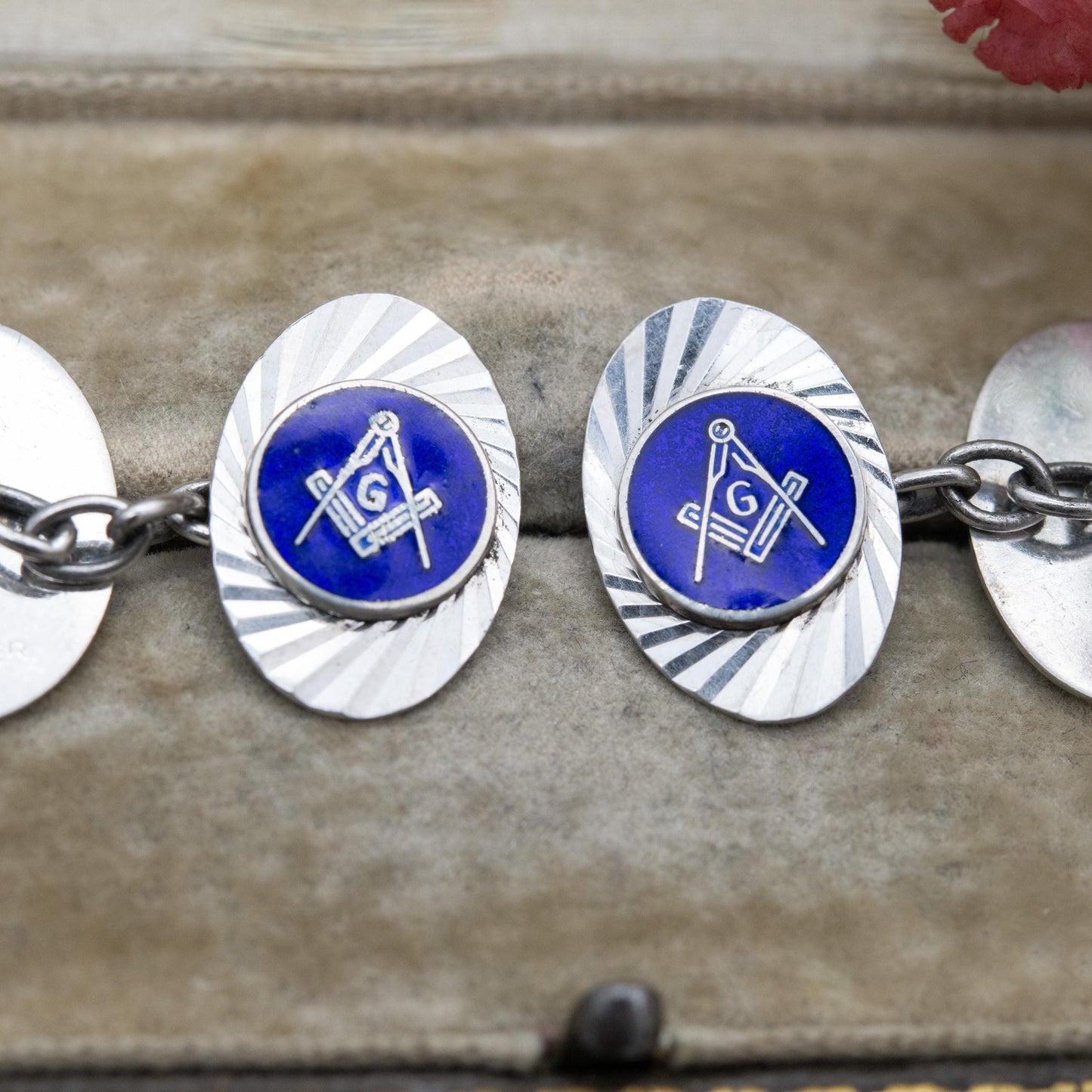 Vintage Sterling Silver Masonic Chain Link Cufflinks - Blue Enamel Square and Compasses Textured Geometric Pattern Design | Gift for Him
