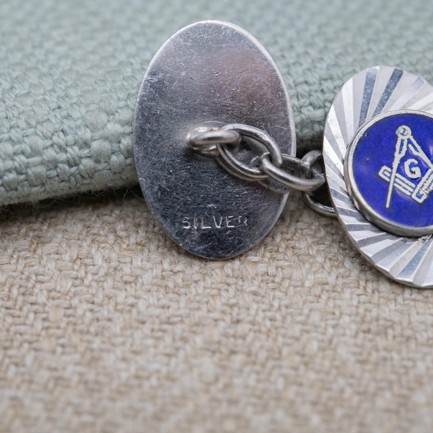 Vintage Sterling Silver Masonic Chain Link Cufflinks - Blue Enamel Square and Compasses Textured Geometric Pattern Design | Gift for Him