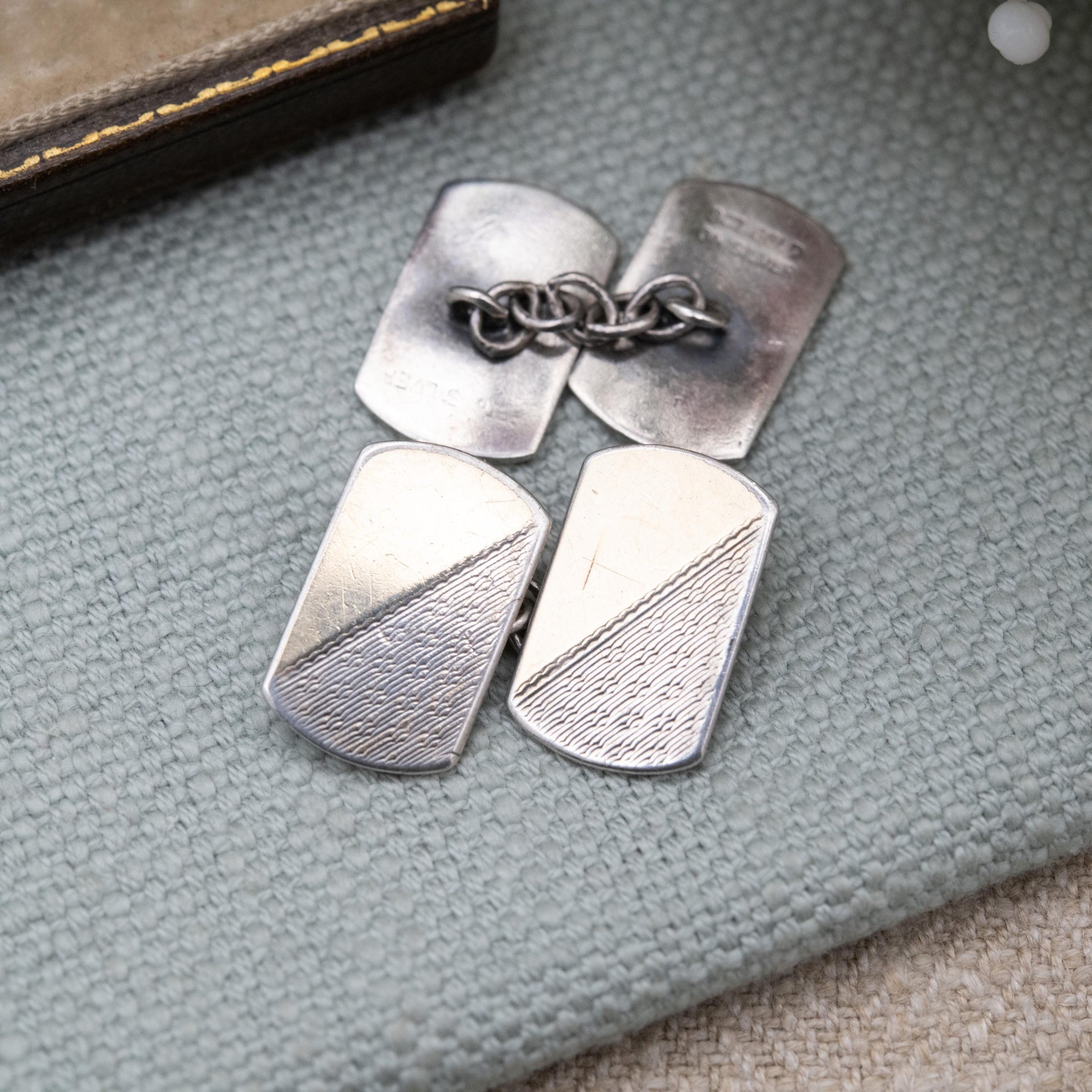 Vintage 9ct Gold on Silver Chain Link Cufflinks - Engine Turned