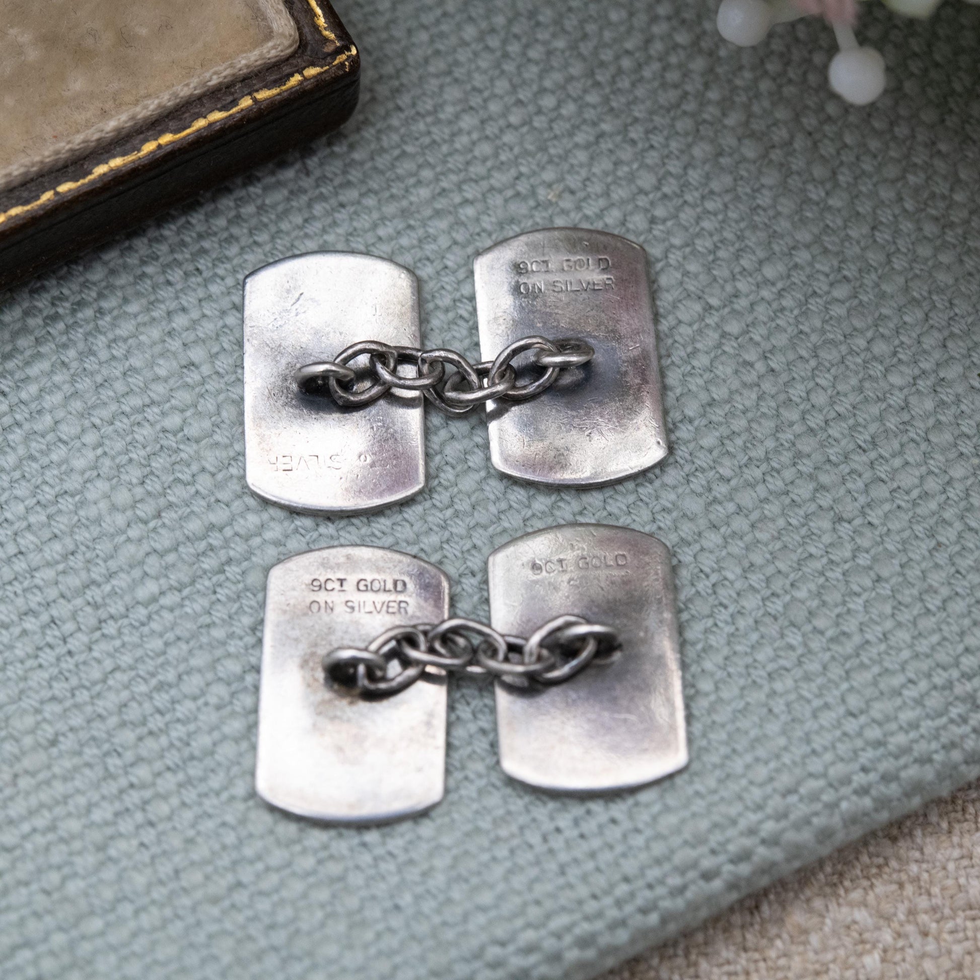 Vintage 9ct Gold on Silver Chain Link Cufflinks - Engine Turned
