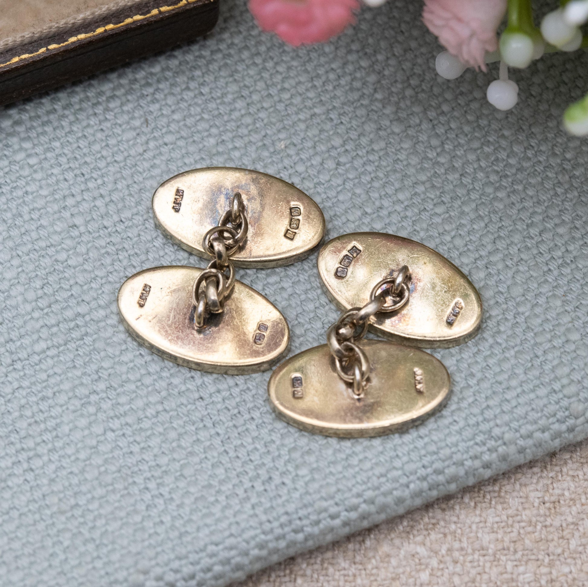 Vintage 9ct Gold Plated Sterling Silver Chain Link Cufflinks 1987 - Engine Turned
