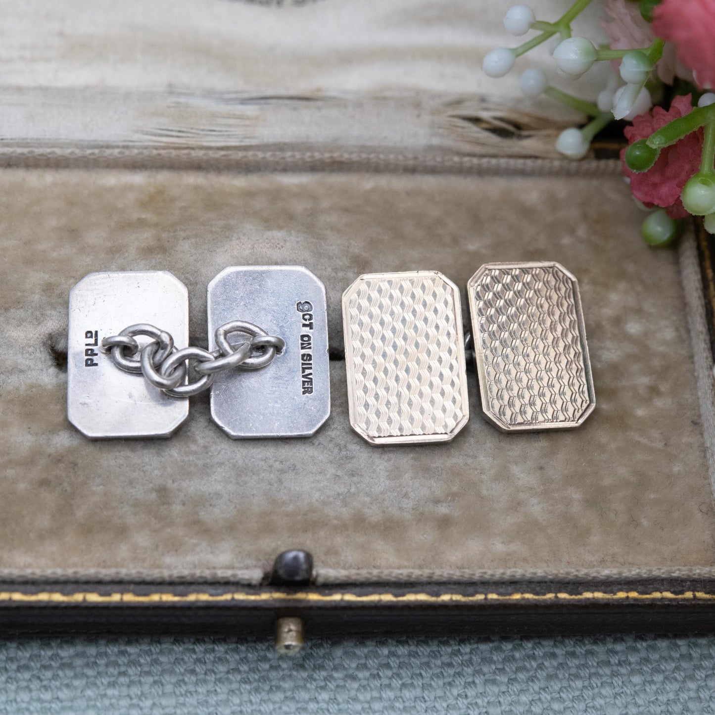 Vintage Payton Pepper & Sons 9ct Gold on Silver Chain Link Cufflinks - Engine Turned