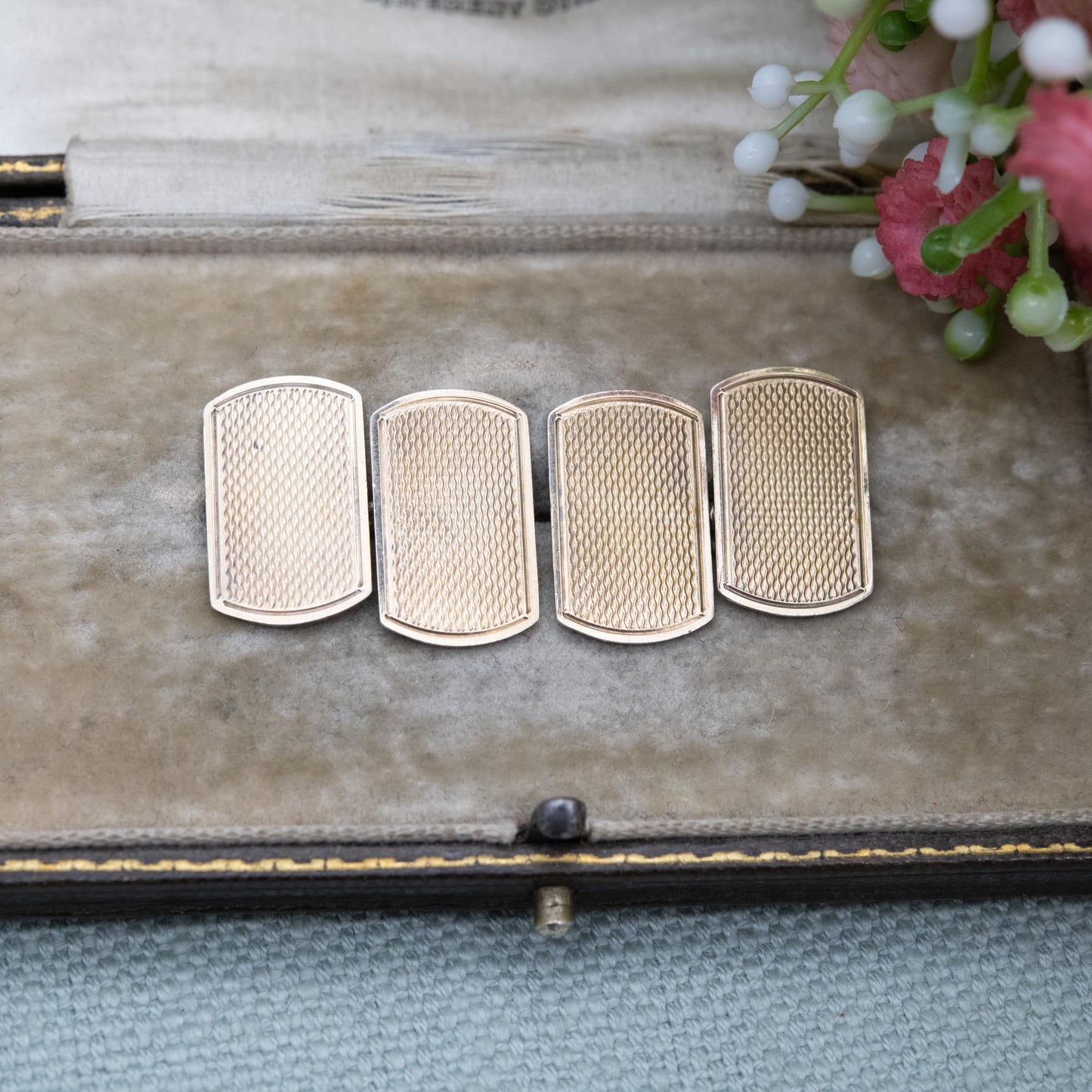 Vintage 9ct Gold on Silver Chain Link Cufflinks - Engine Turned