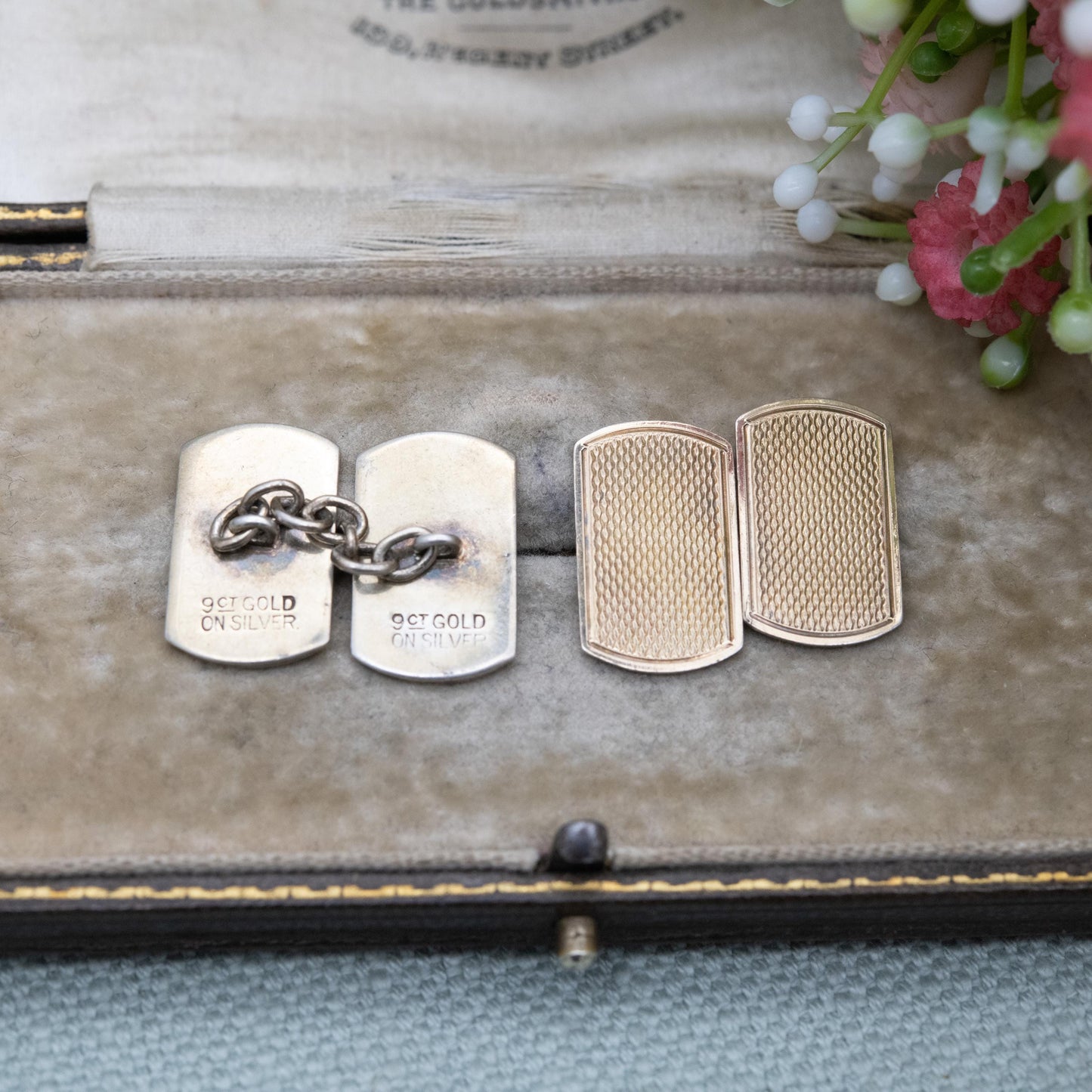Vintage 9ct Gold on Silver Chain Link Cufflinks - Engine Turned