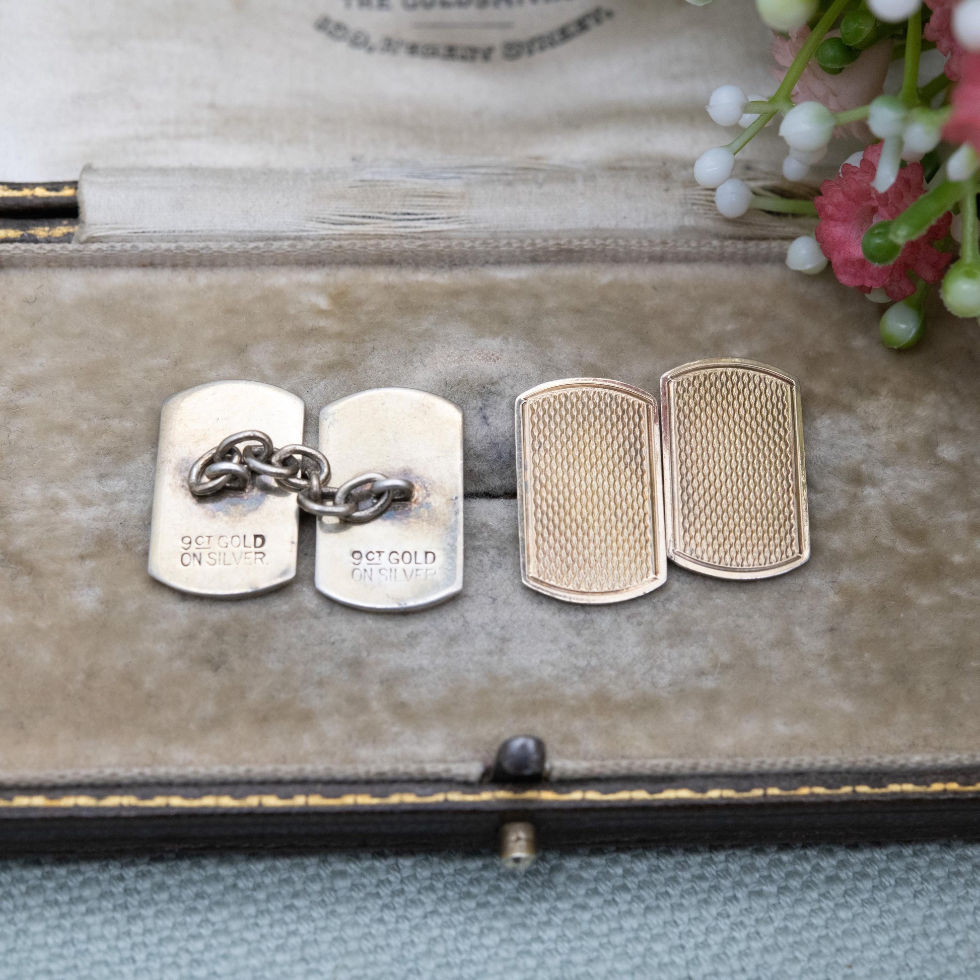 Vintage 9ct Gold on Silver Chain Link Cufflinks - Engine Turned