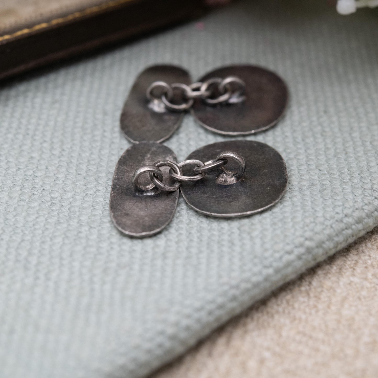 Antique Silver Hand Engraved Letter E Cufflinks c. 1900 - Hand Engraved Initial and Floral Pattern Design | Chain Link