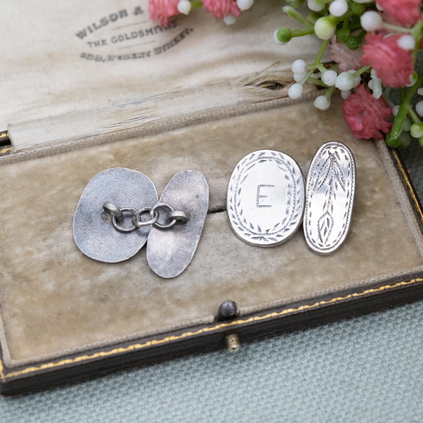 Antique Silver Hand Engraved Letter E Cufflinks c. 1900 - Hand Engraved Initial and Floral Pattern Design | Chain Link