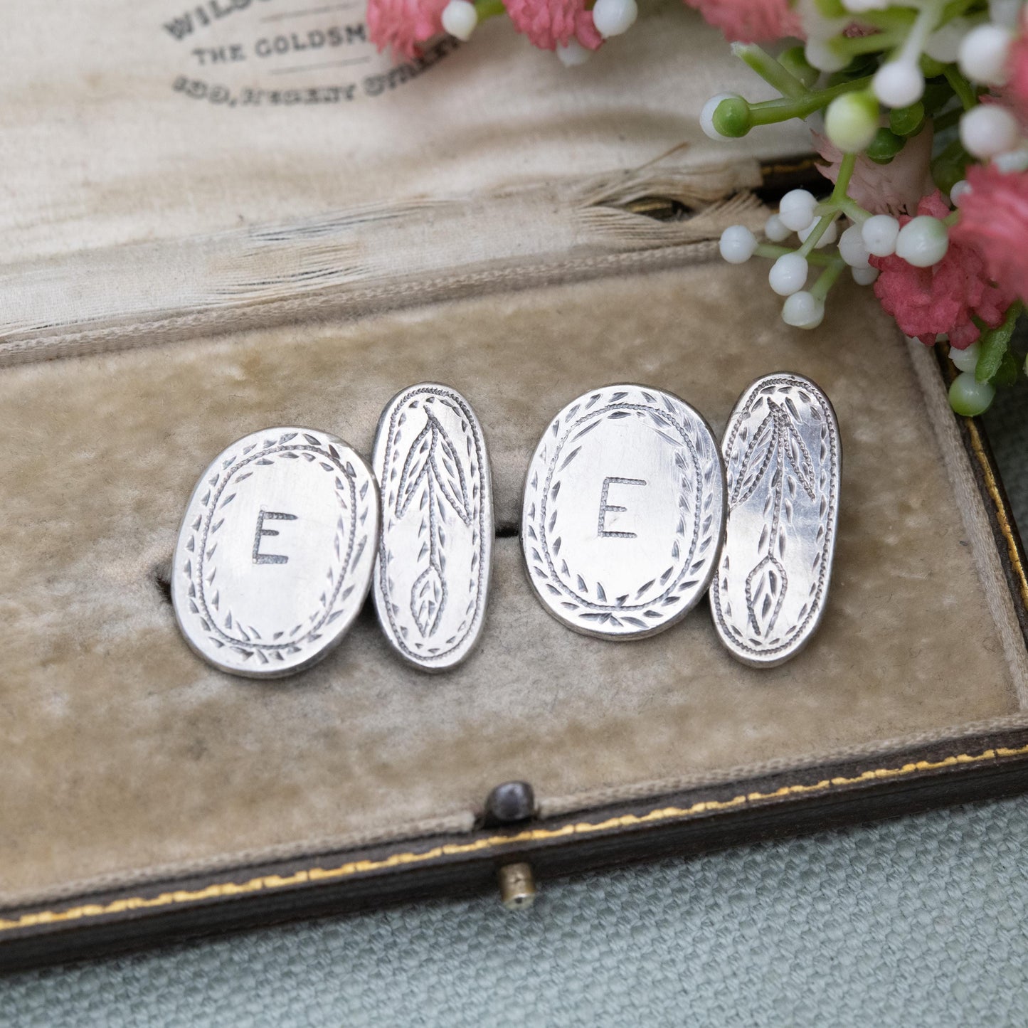 Antique Silver Hand Engraved Letter E Cufflinks c. 1900 - Hand Engraved Initial and Floral Pattern Design | Chain Link
