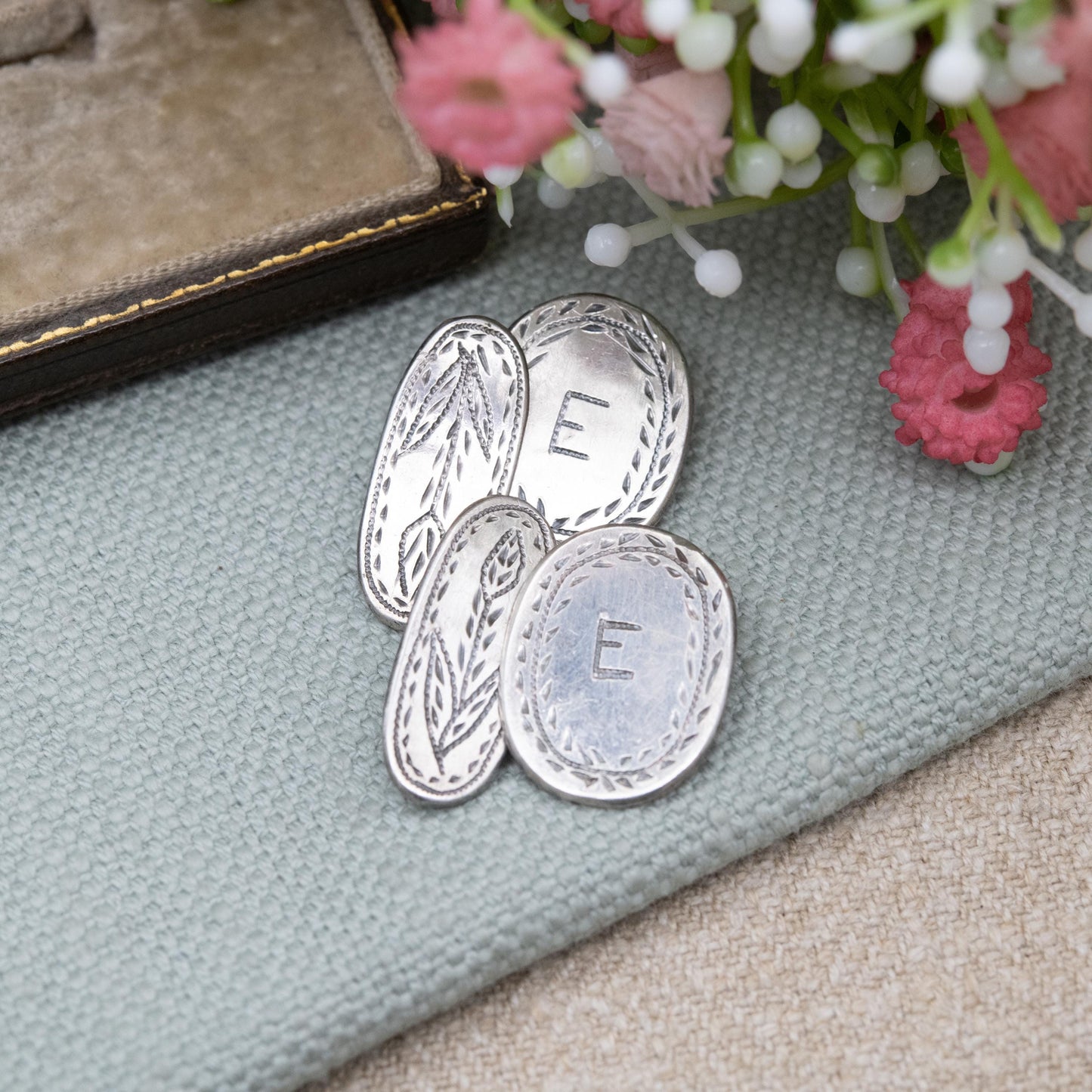 Antique Silver Hand Engraved Letter E Cufflinks c. 1900 - Hand Engraved Initial and Floral Pattern Design | Chain Link