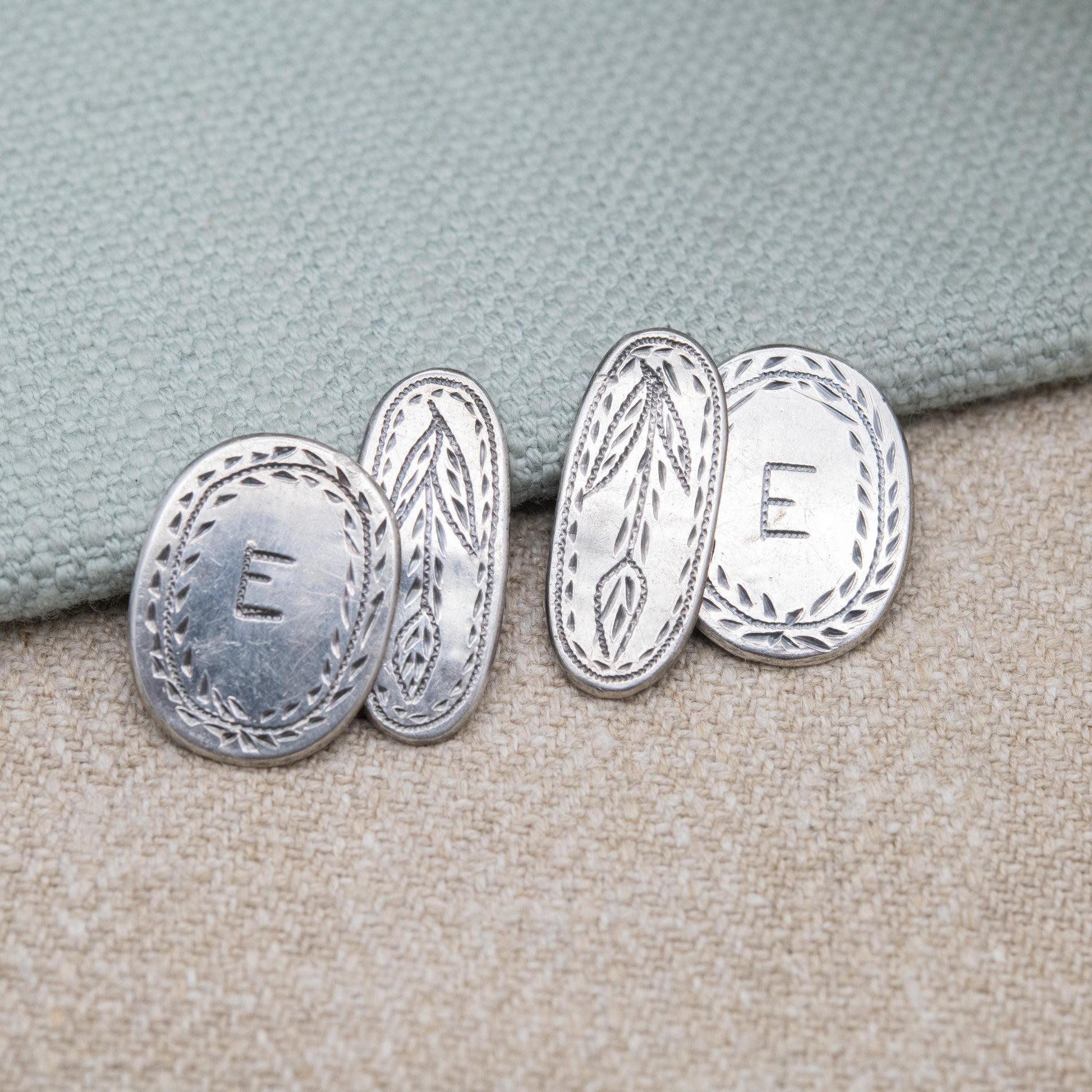 Antique Silver Hand Engraved Letter E Cufflinks c. 1900 - Hand Engraved Initial and Floral Pattern Design | Chain Link