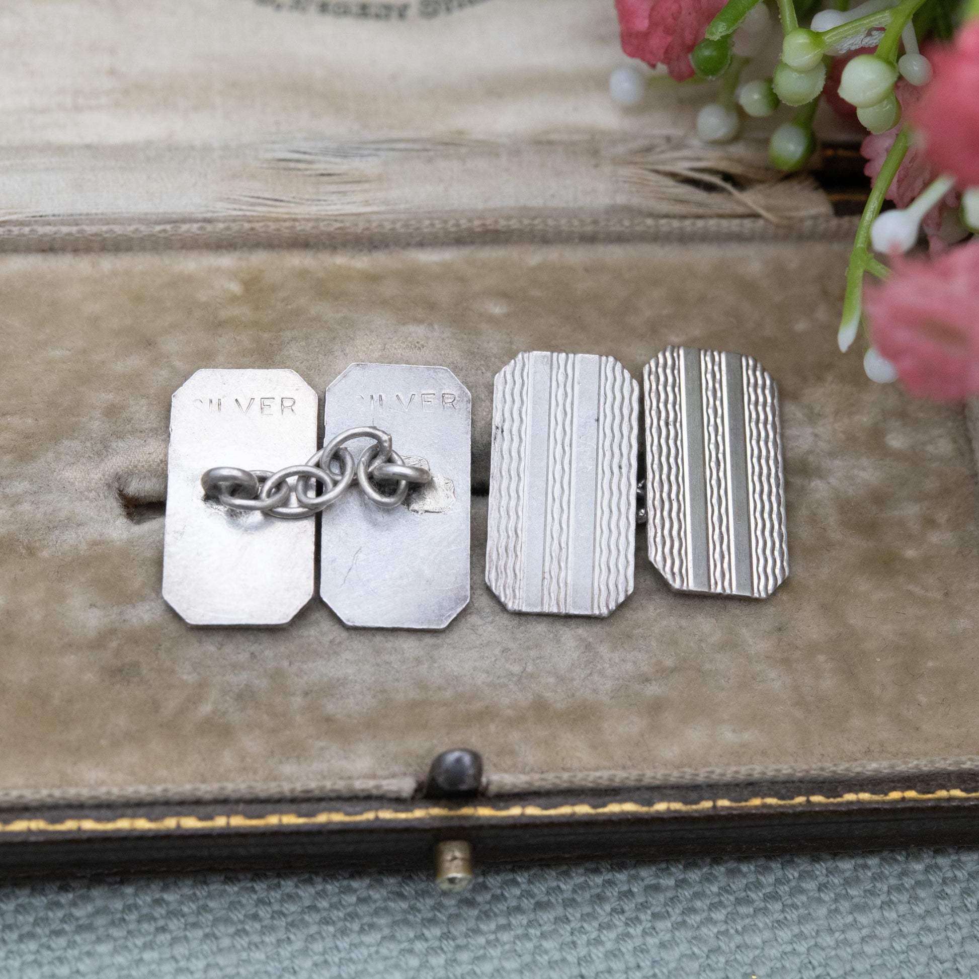 Vintage Sterling Silver Chain Link Cufflinks - Engine Turned