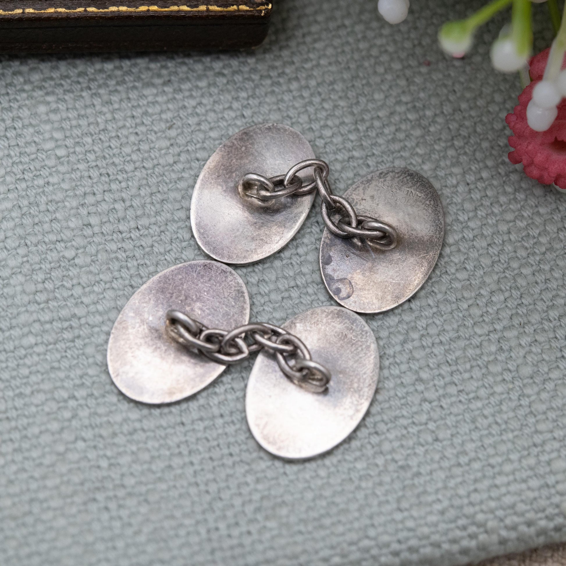 Vintage 9ct Gold on Silver Chain Link Cufflinks - Engine Turned
