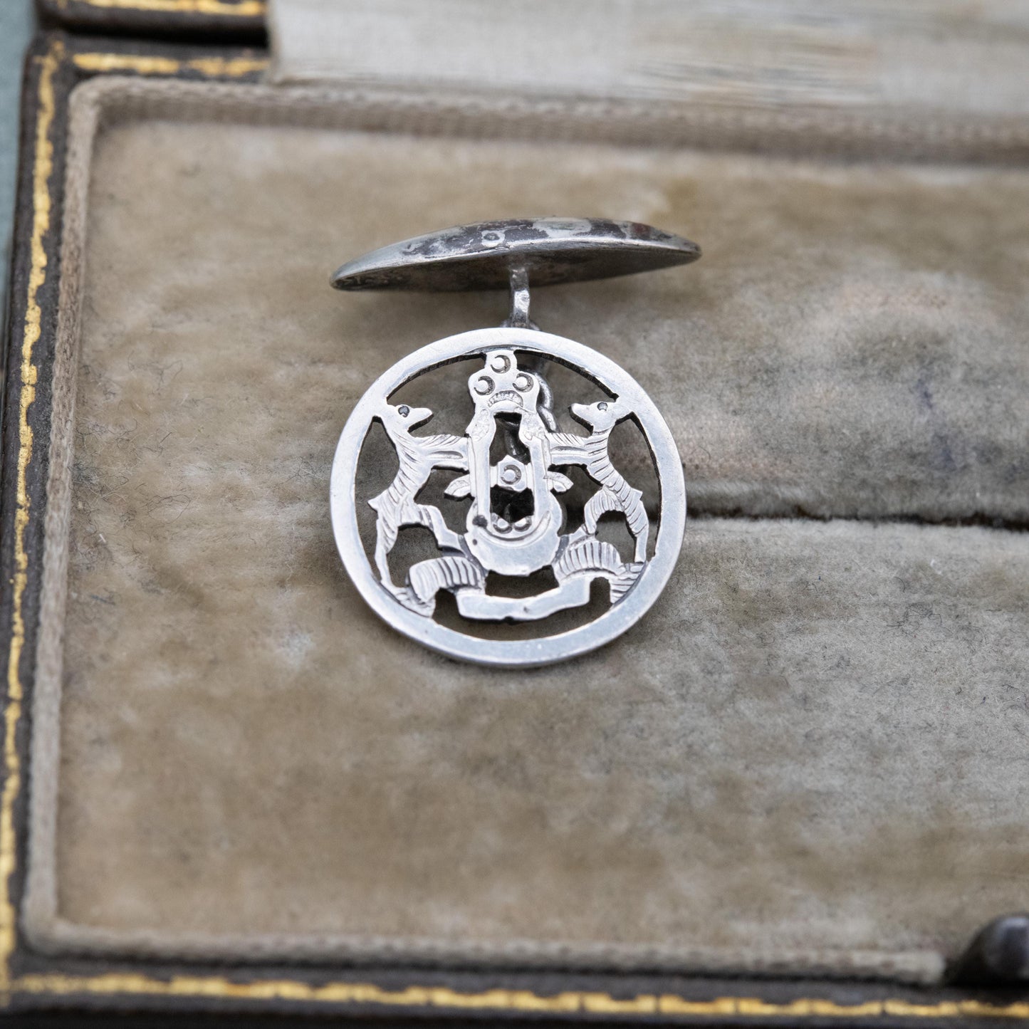 Vintage Silver Heraldic Crest Cufflinks - Openwork Coat of Arms Design | Chain Style | Gift for Him